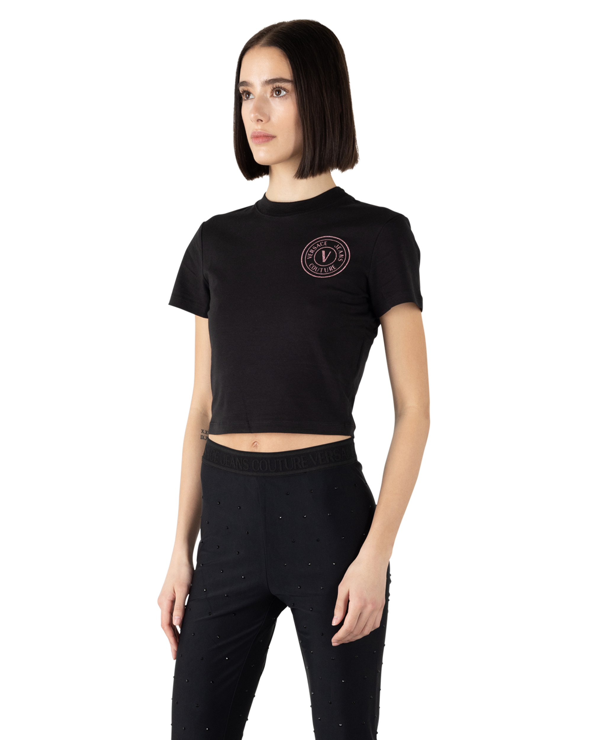 Glitter V-Emblem Cropped T Shirt