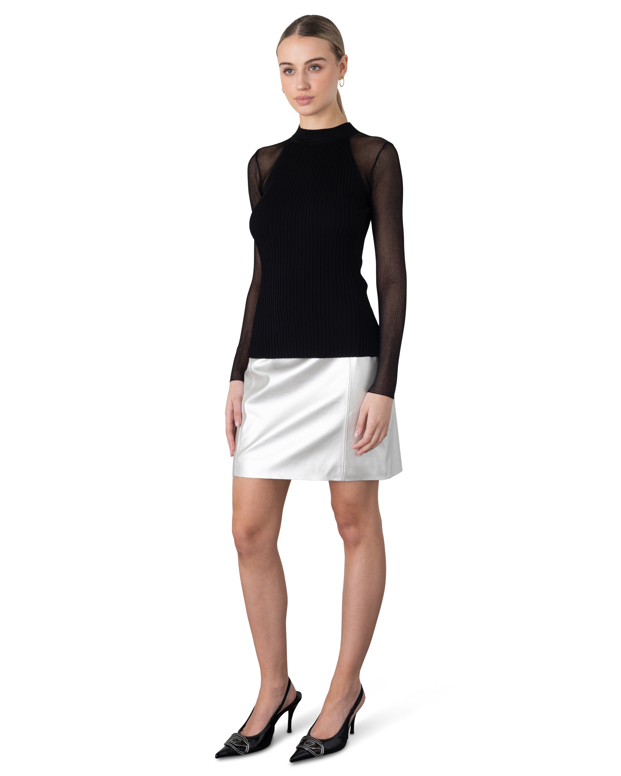 Stassi Sheer-Sleeved Ribbed Sweater