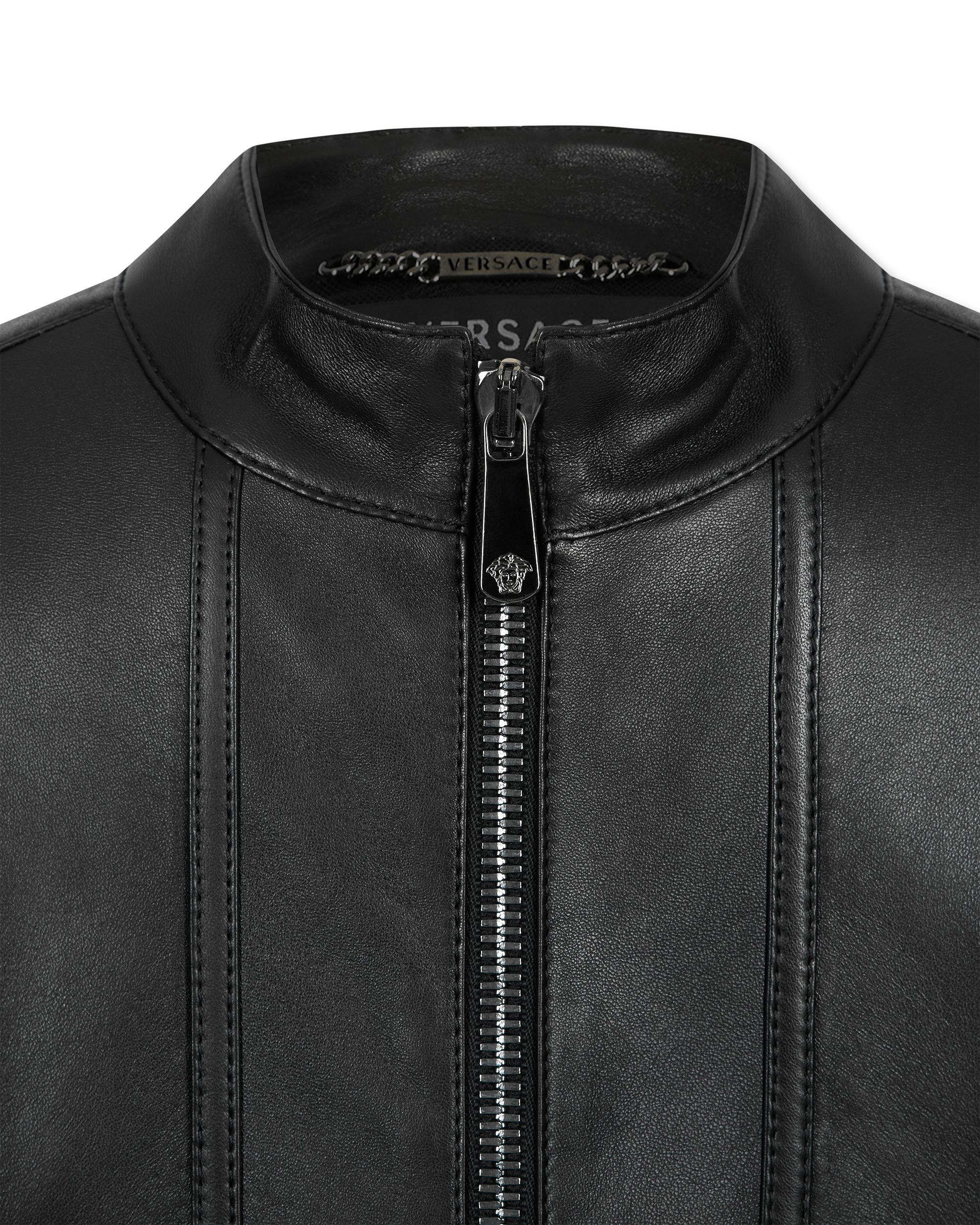 Leather Moto Jacket With Woven Chain Detail