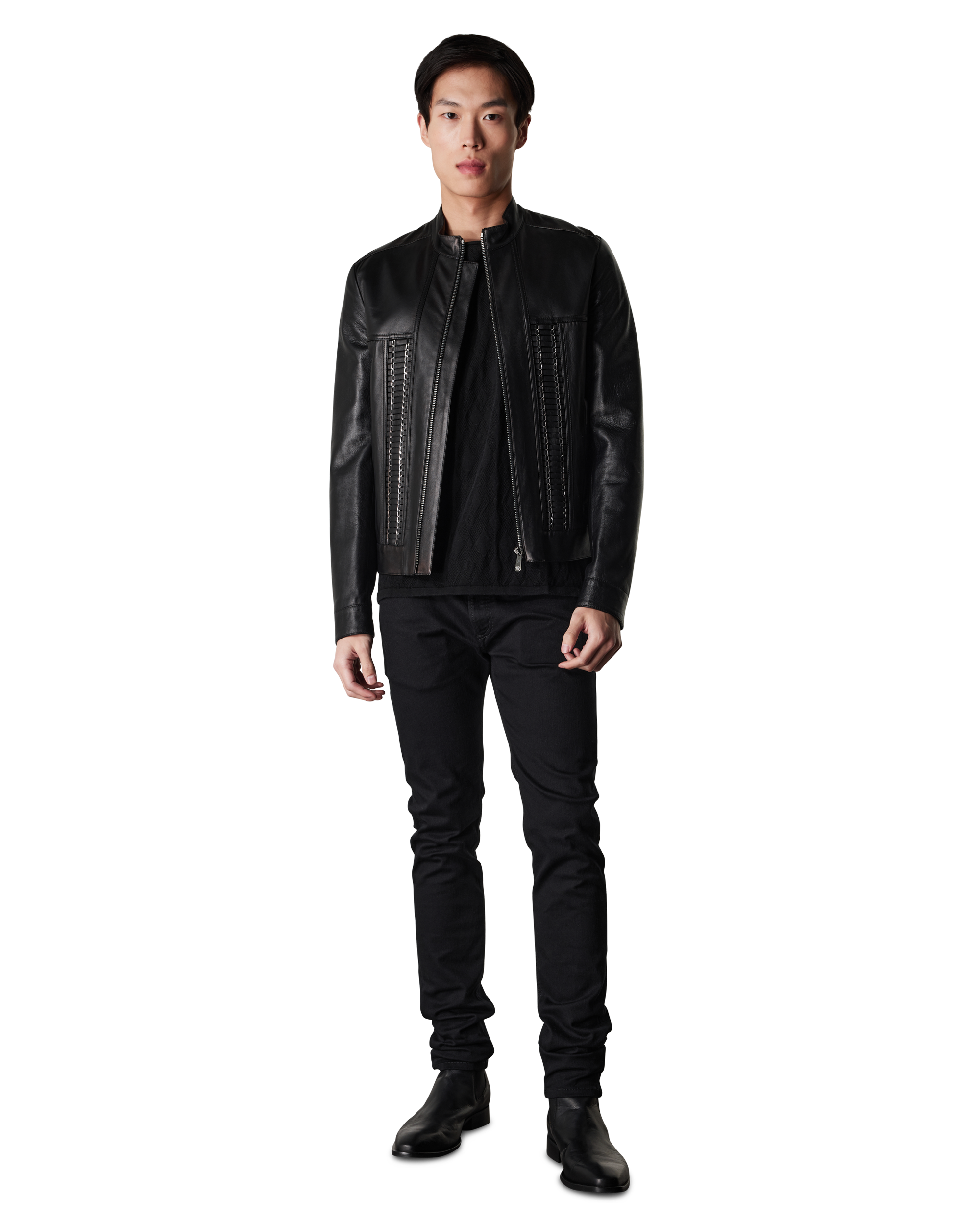 Leather Moto Jacket With Woven Chain Detail