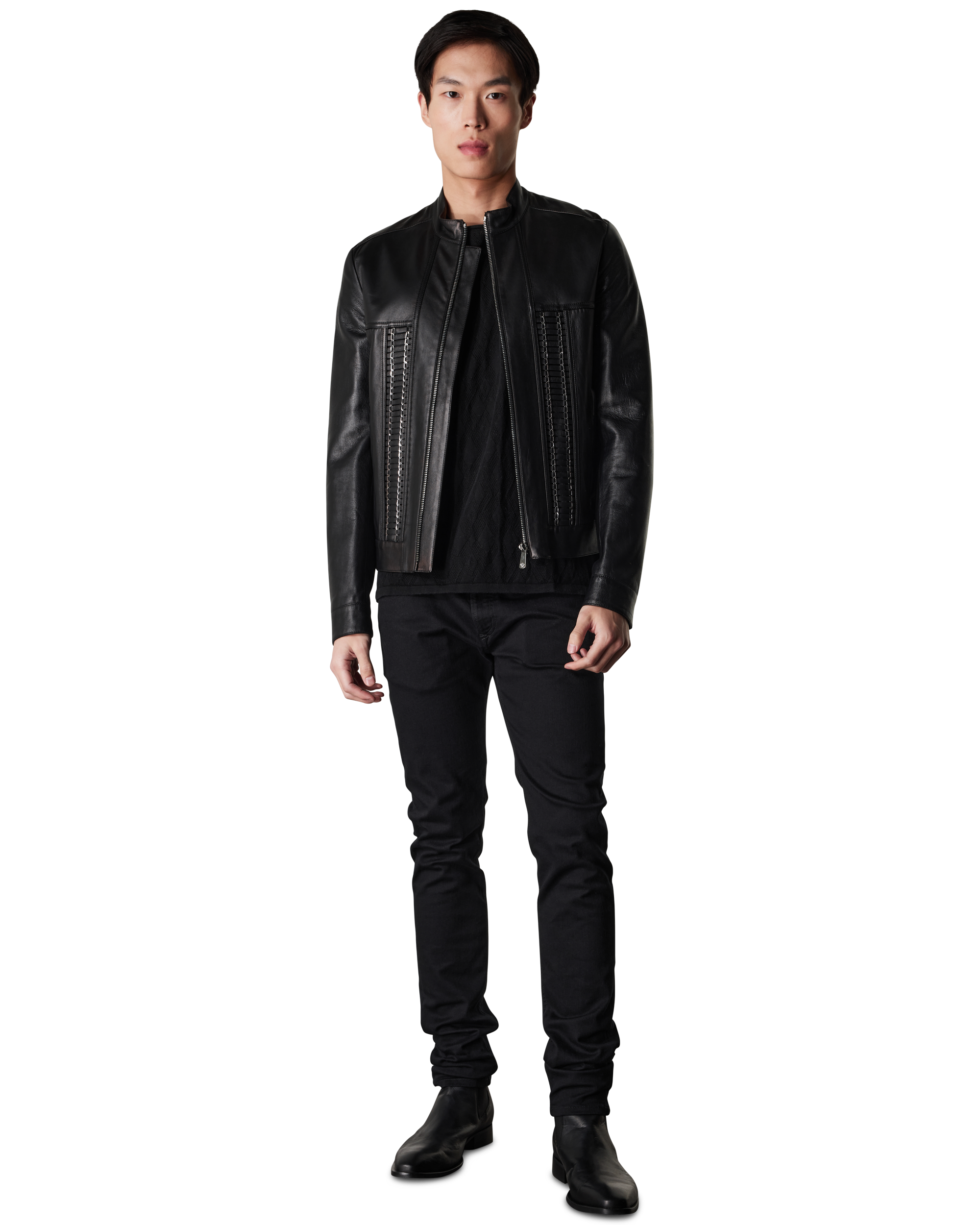 Leather Moto Jacket With Woven Chain Detail