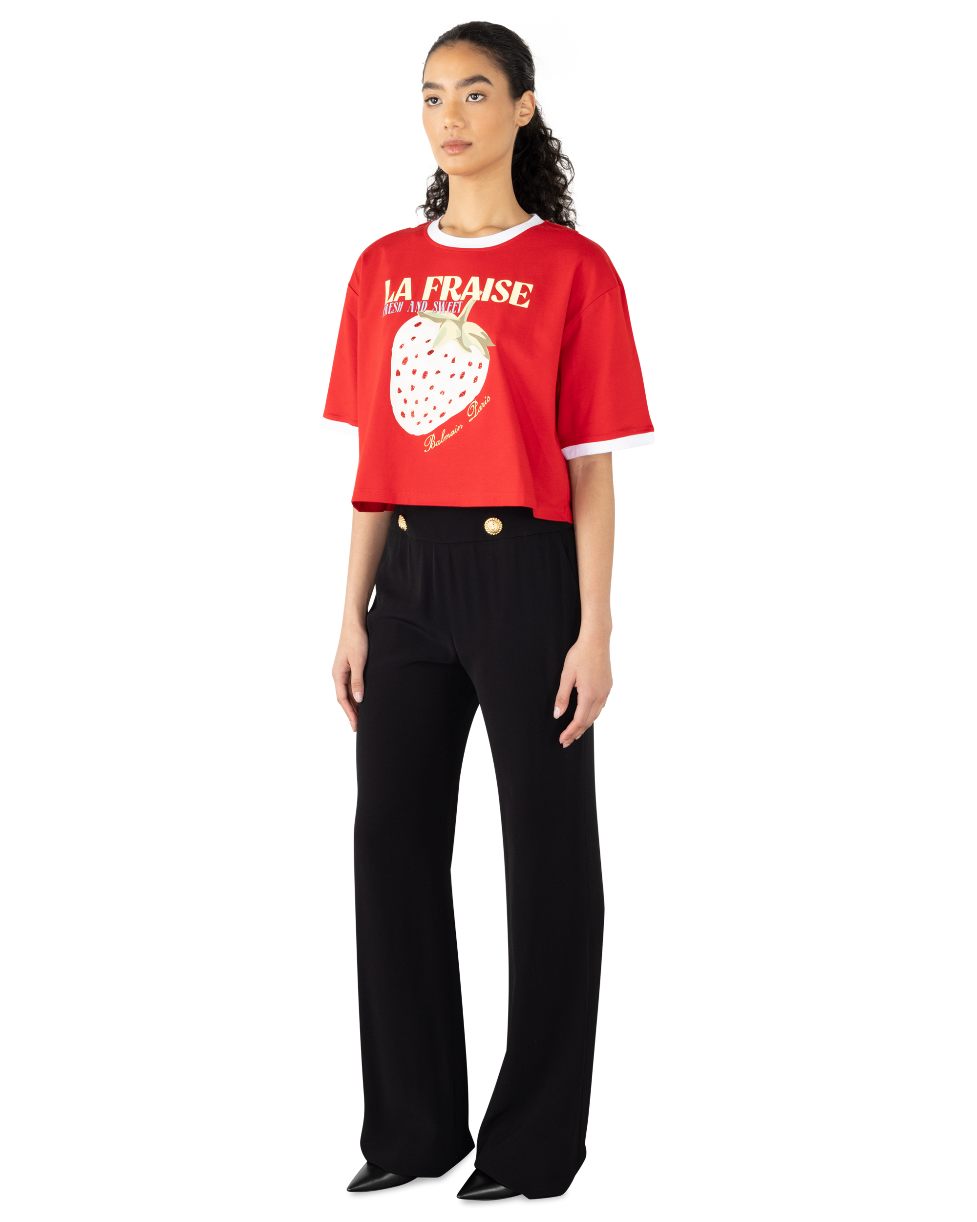 Cropped T-Shirt With Balmain Strawberry Print