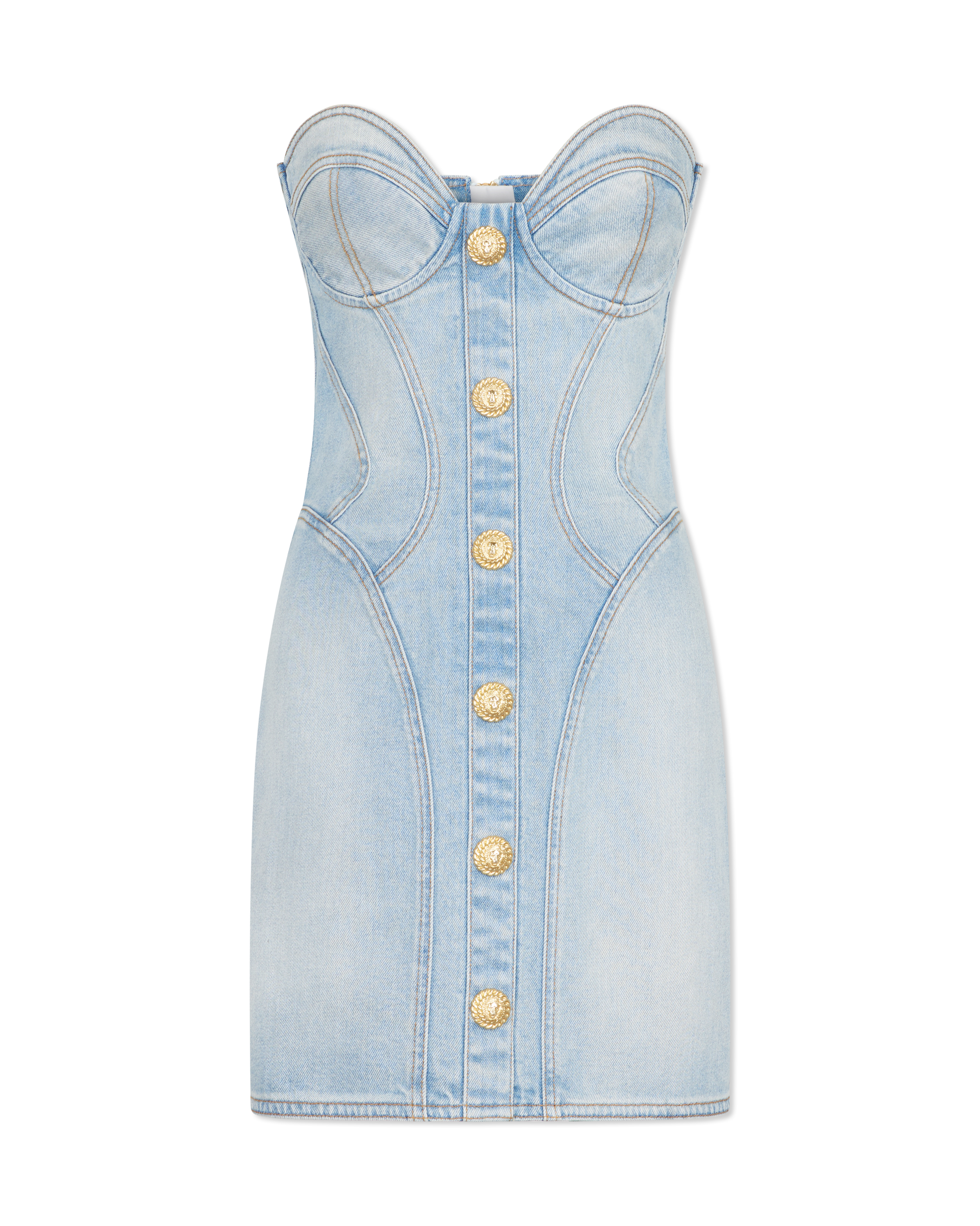 Button-Detailed Denim Bustier Mini Dress