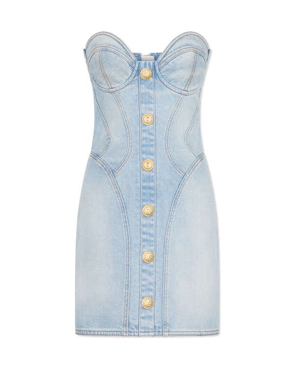 Button-Detailed Denim Bustier Mini Dress