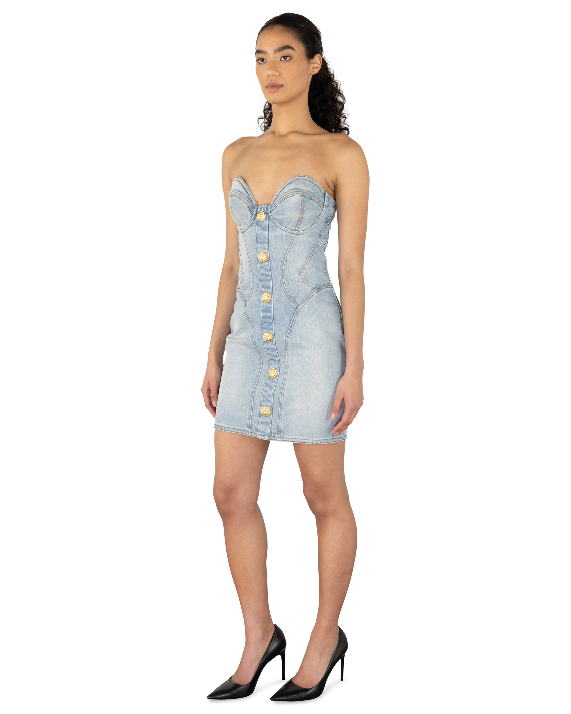 Button-Detailed Bustier Denim Dress