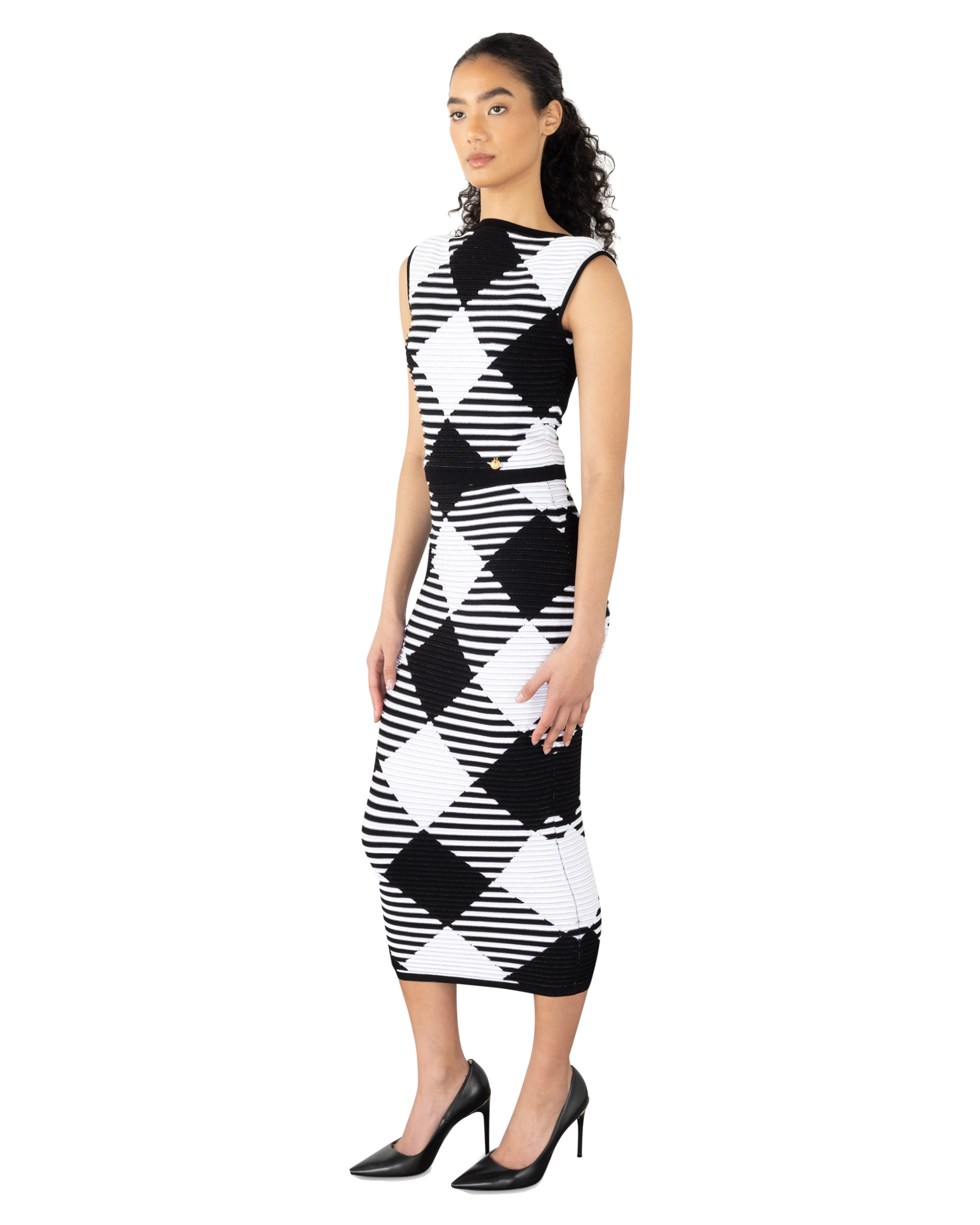 Rolled Gingham Knit Midi Skirt