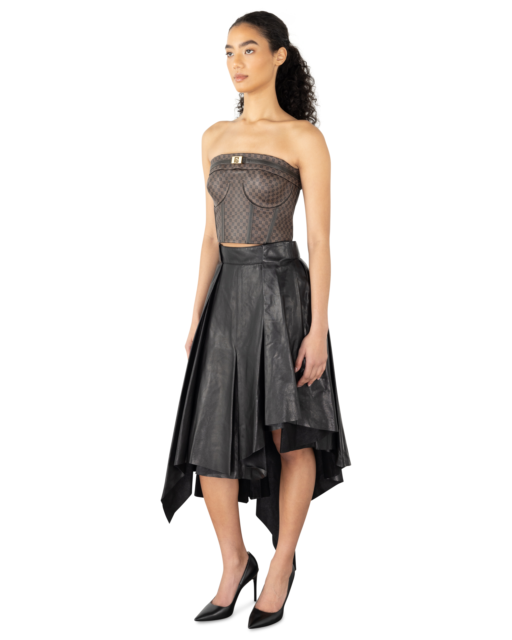 Asymmetrical Pleated Midi Leather Skirt