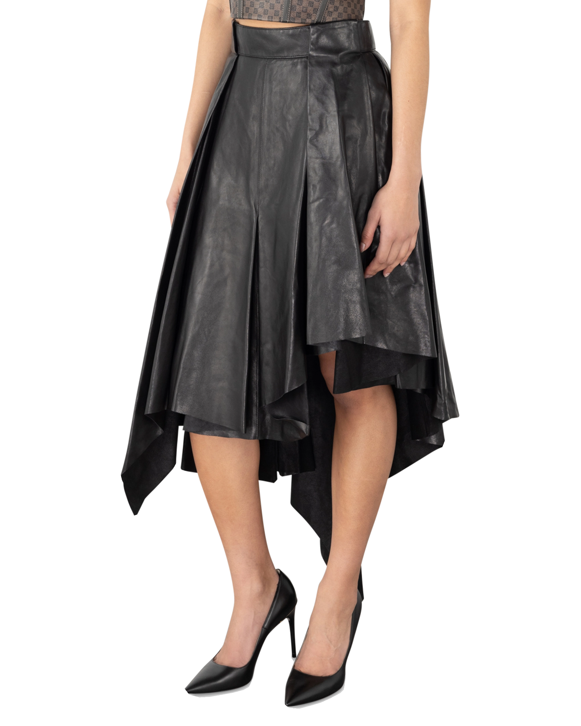 Asymmetrical Pleated Midi Leather Skirt
