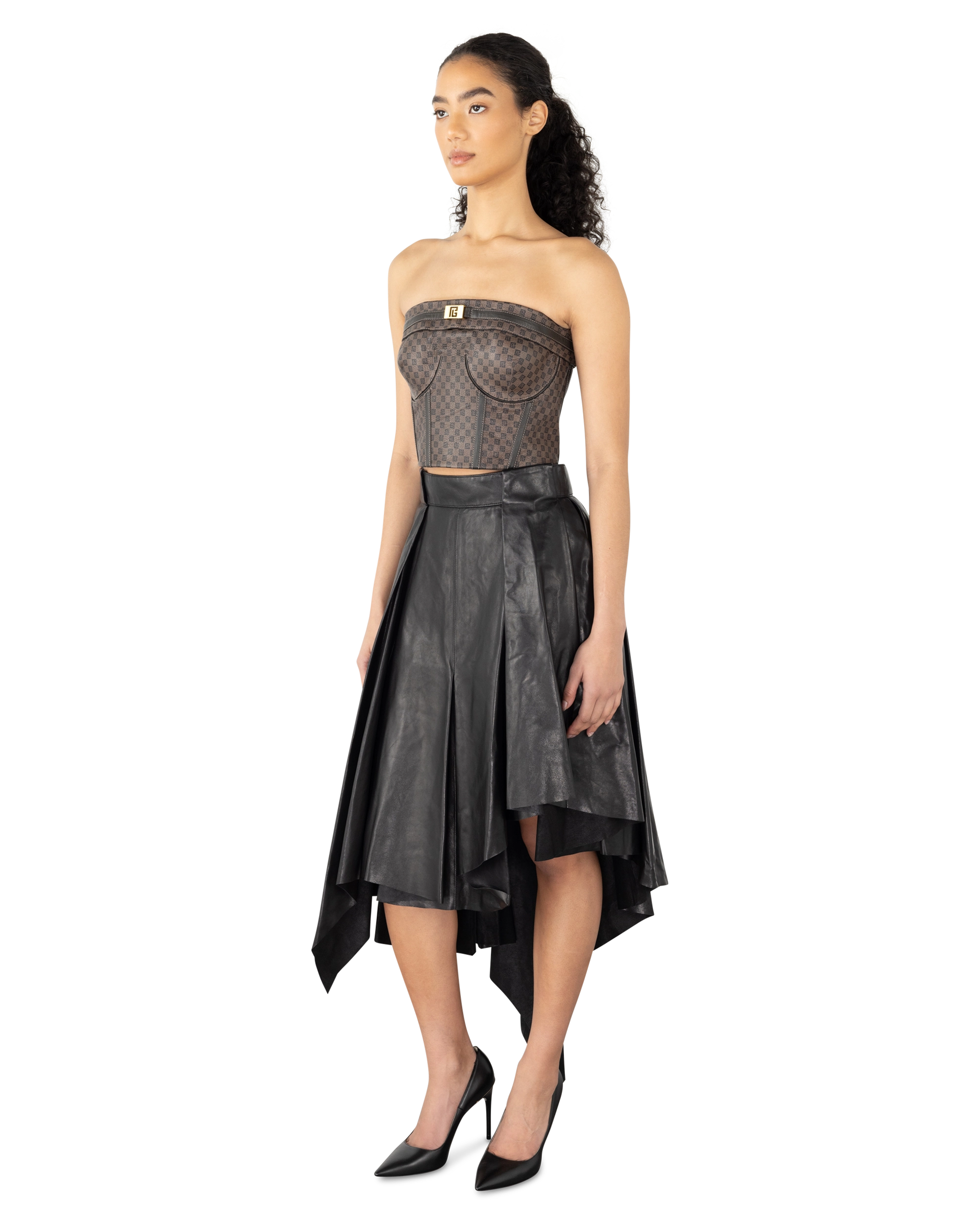 Asymmetrical Pleated Midi Leather Skirt