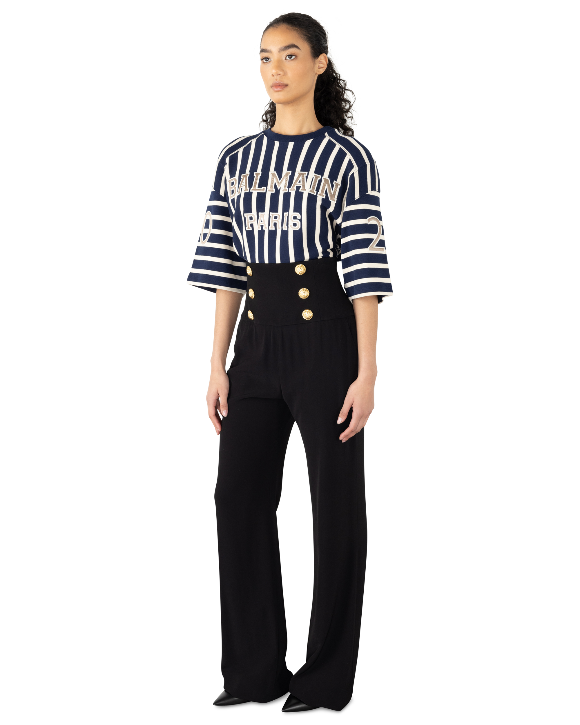 High Waisted 6 Button Crepe Wide-Leg Trousers