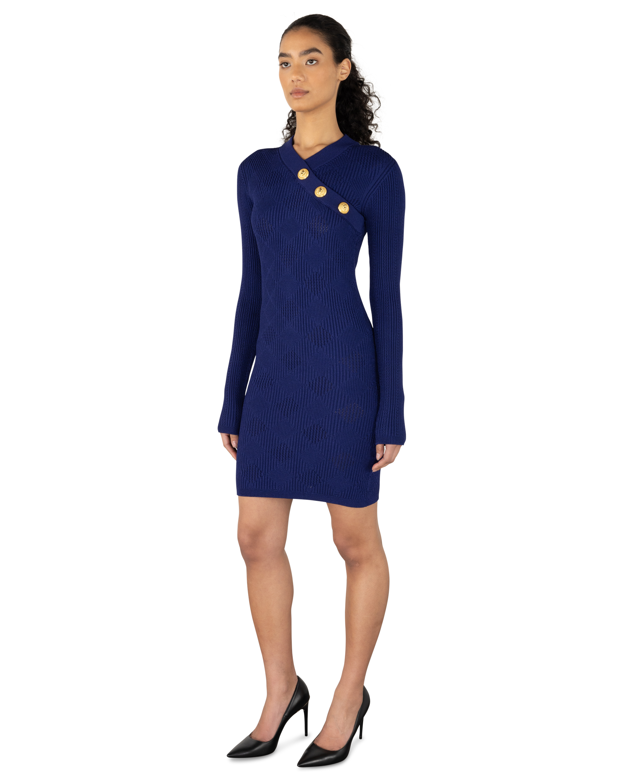 3 Button V-Neck Knit Mini Dress