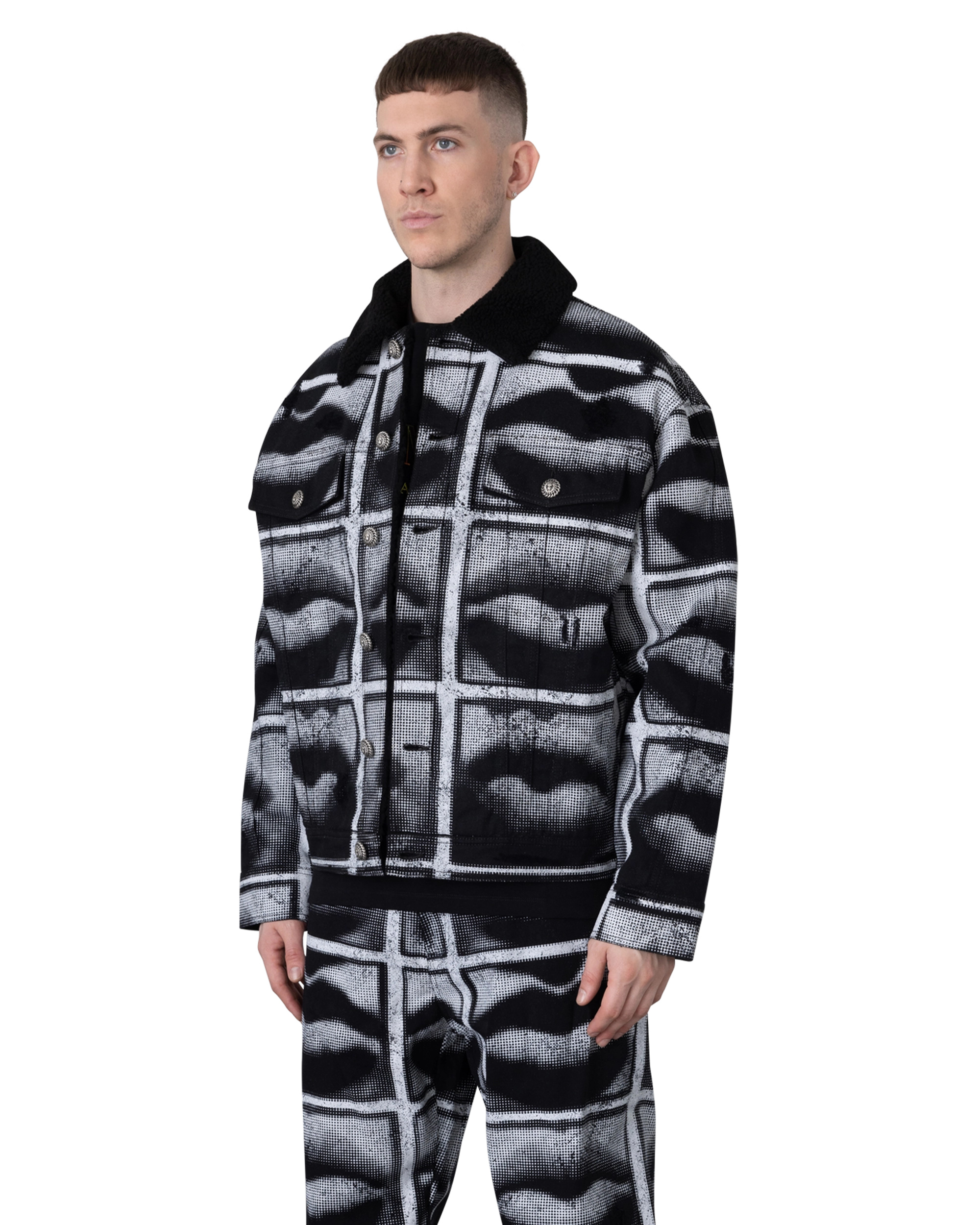 Bouclé Collar Printed Lips Denim Jacket