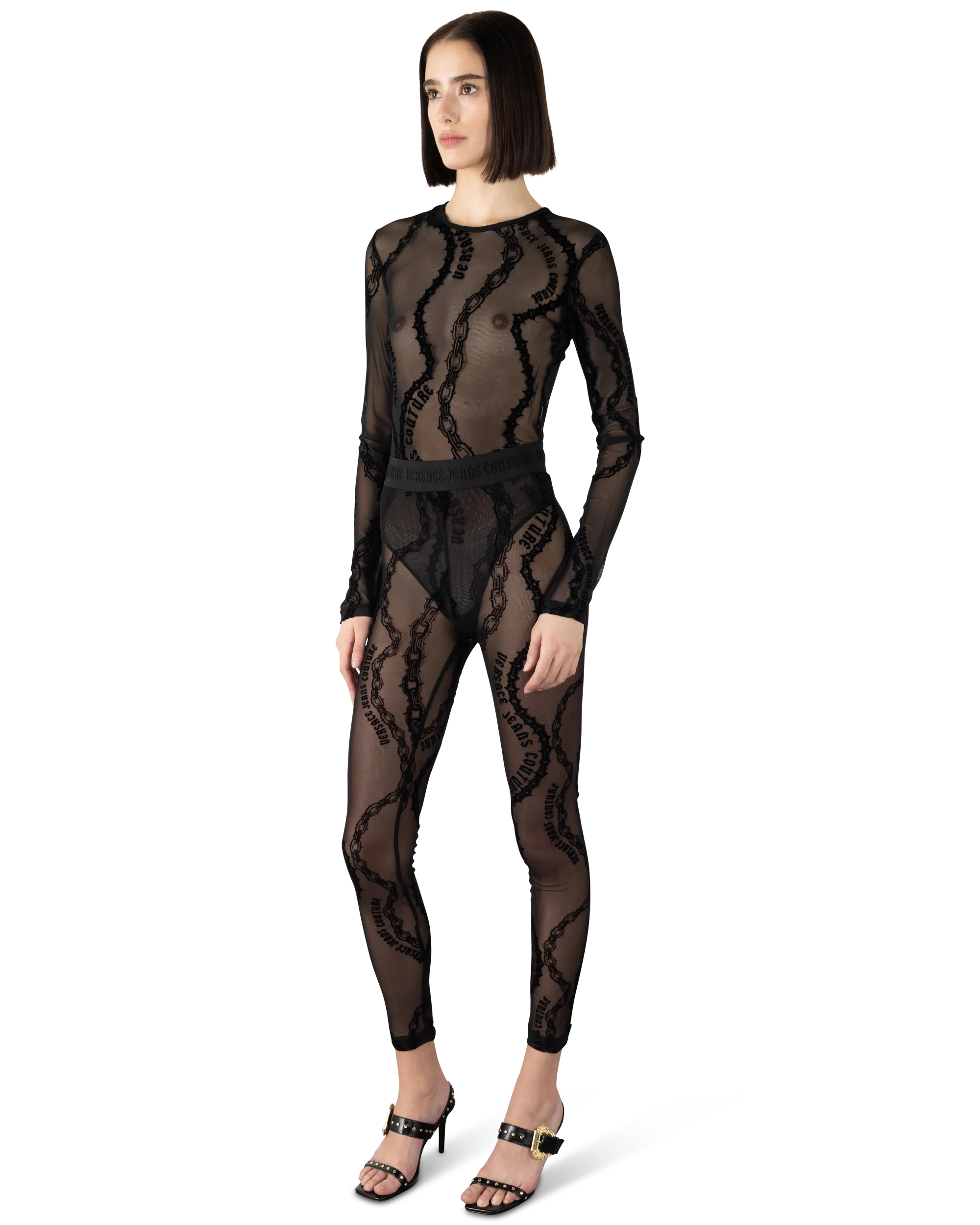 Flocked Chain-Print Mesh Leggings