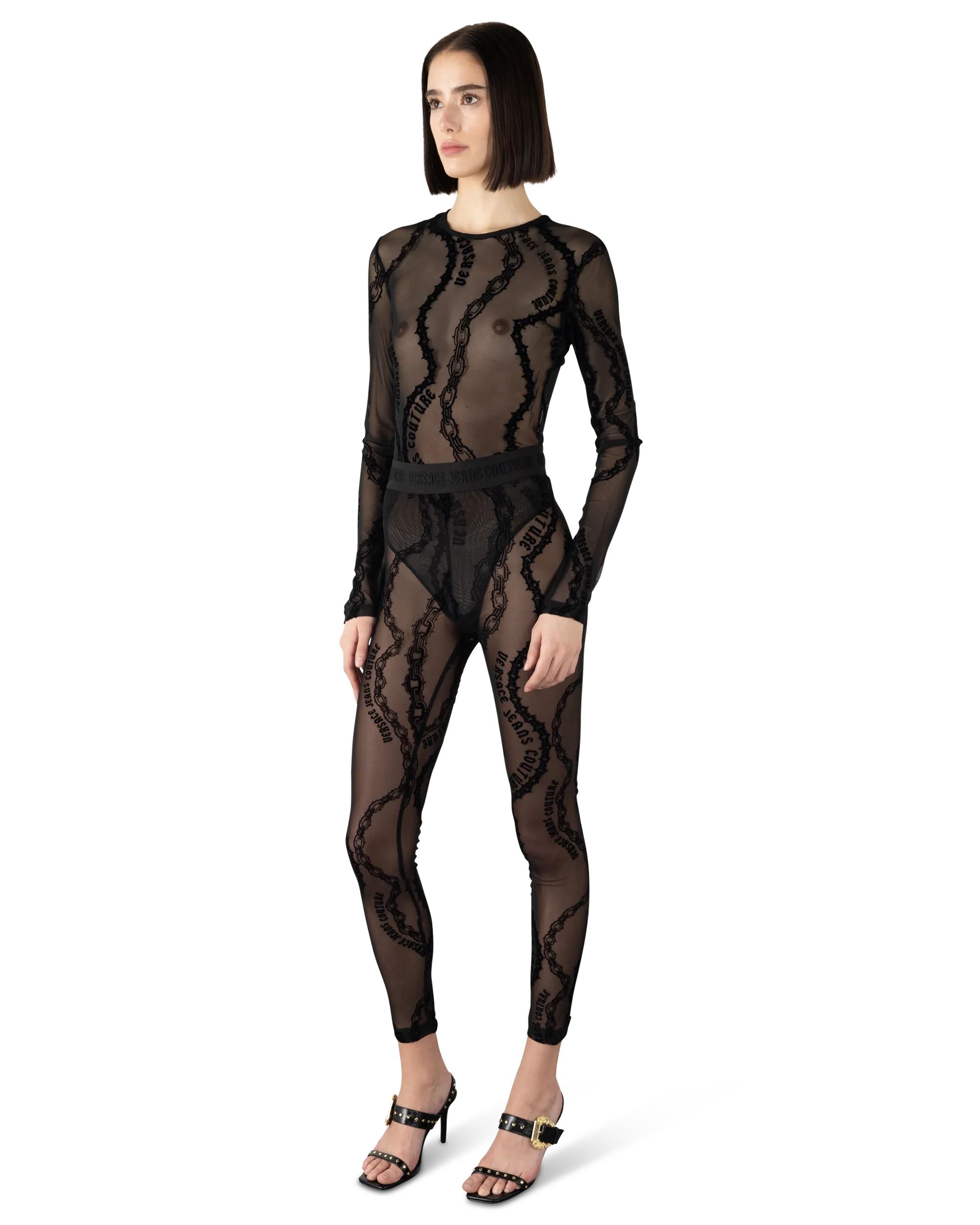 Flocked Chain-Print Mesh Leggings