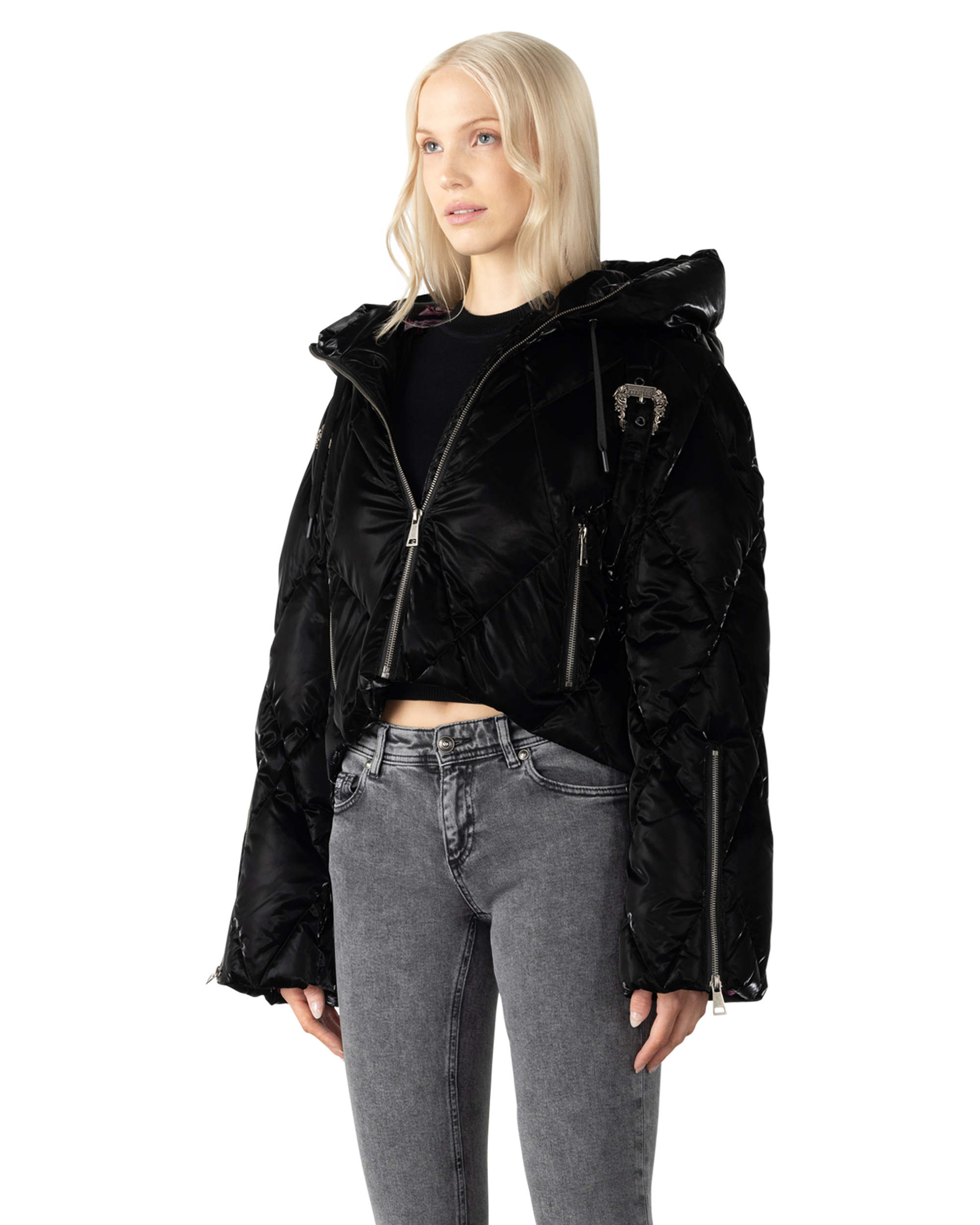 Baroque Buckle Hooded Puffer Bomber Jacket
