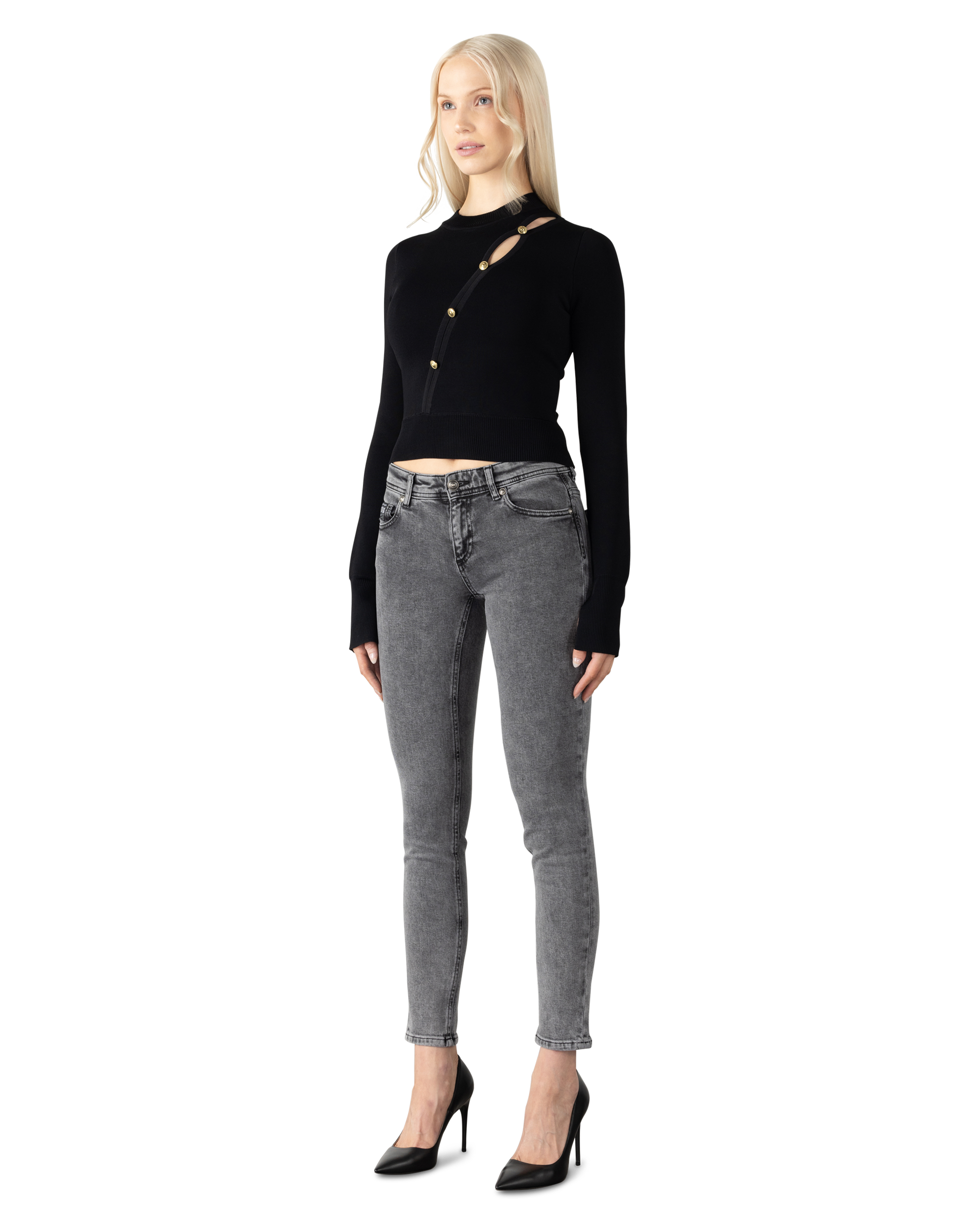 Peek-A-Boo Button Detail Cropped Sweater