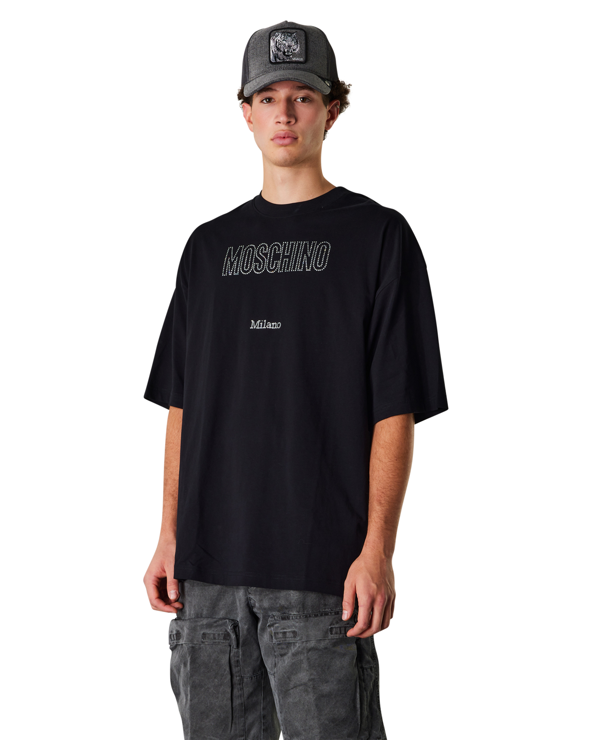 Rhinestone Logo Cotton Jersey Black T-Shirt