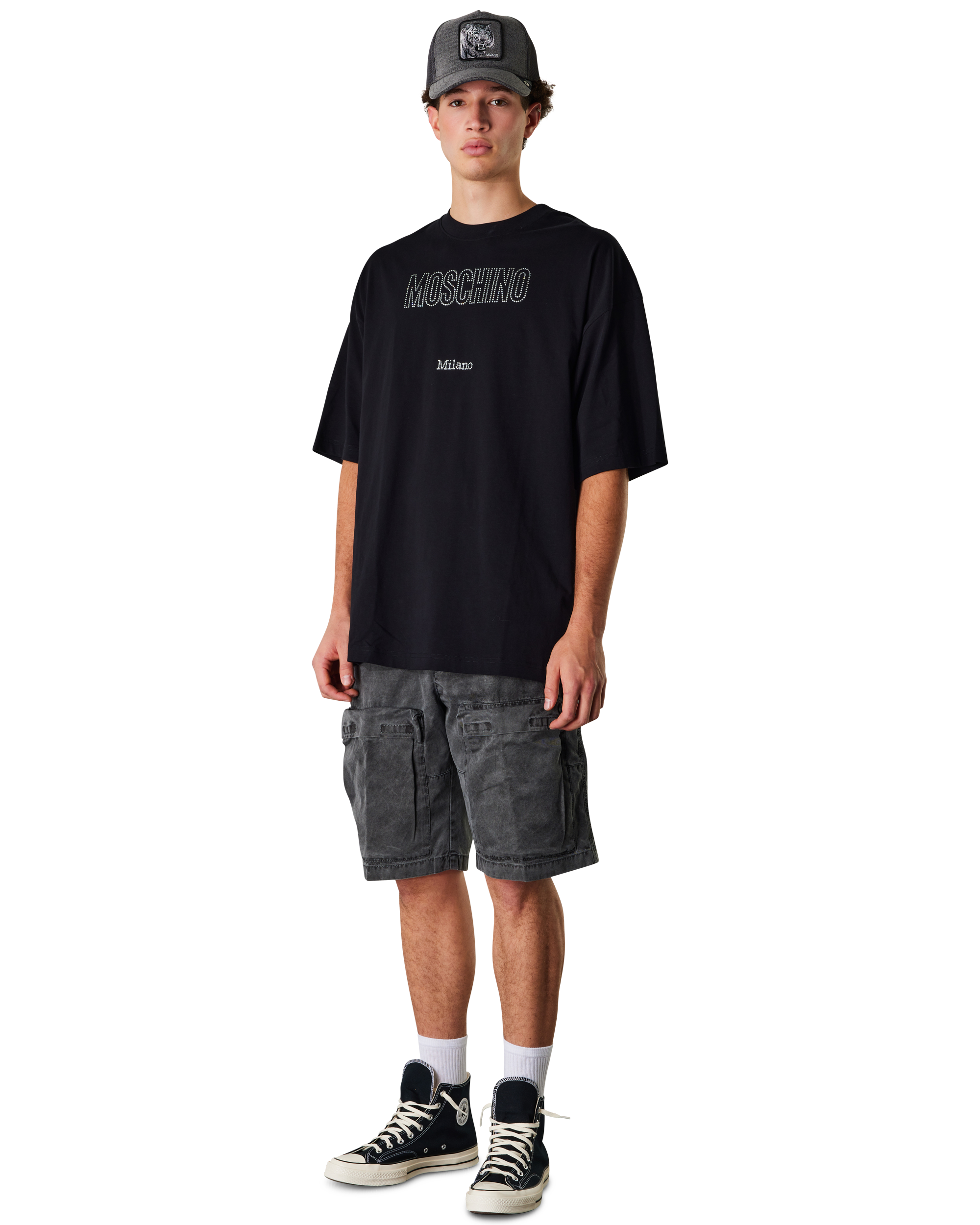 Rhinestone Logo Cotton Jersey Black T-Shirt