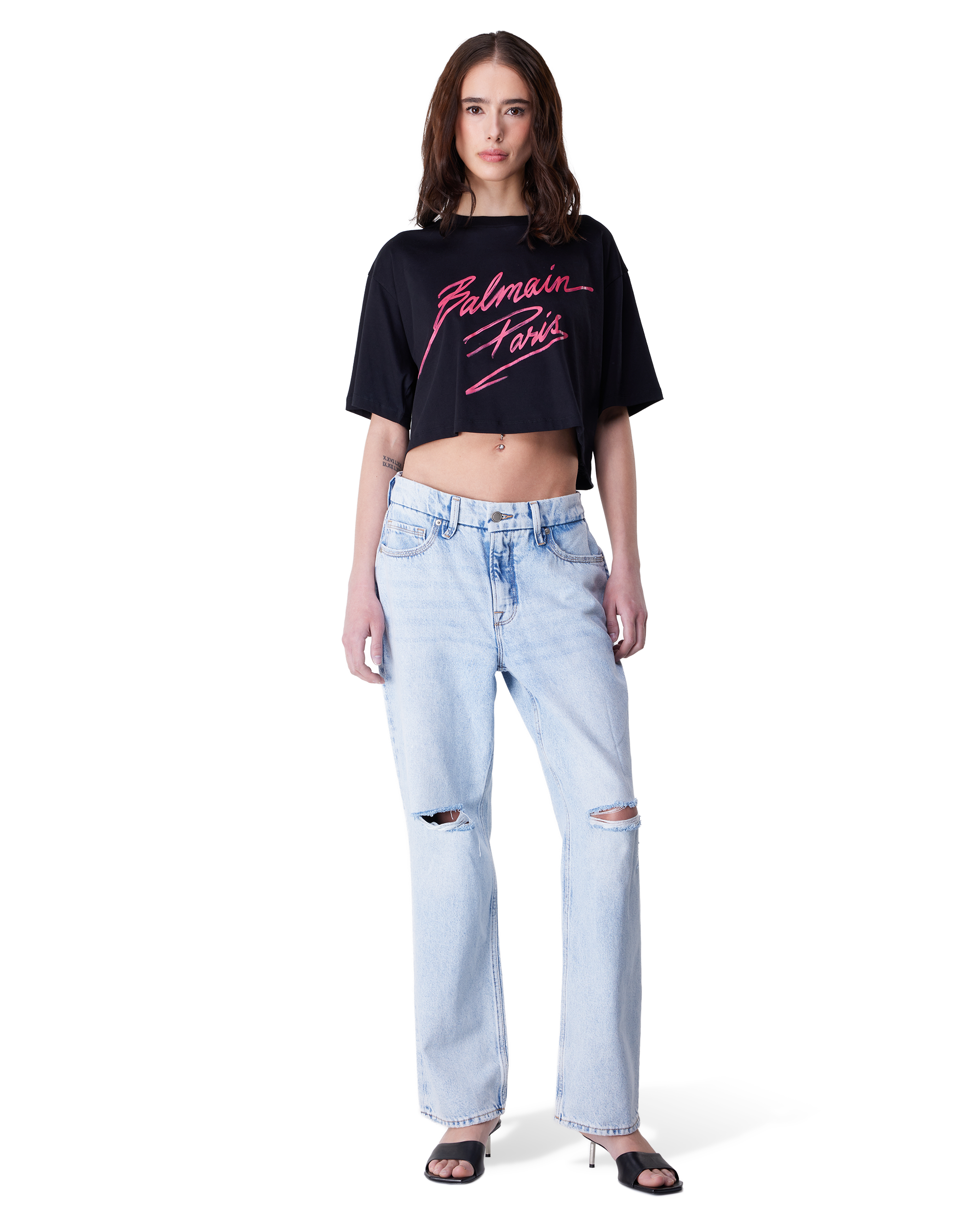 Flocked Balmain Letter Logo Cropped T-Shirt