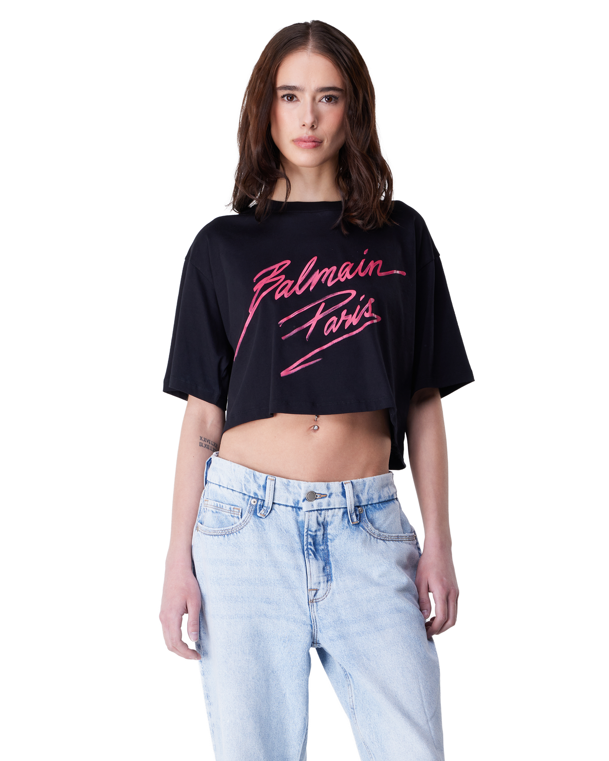 Flocked Balmain Letter Logo Cropped T-Shirt