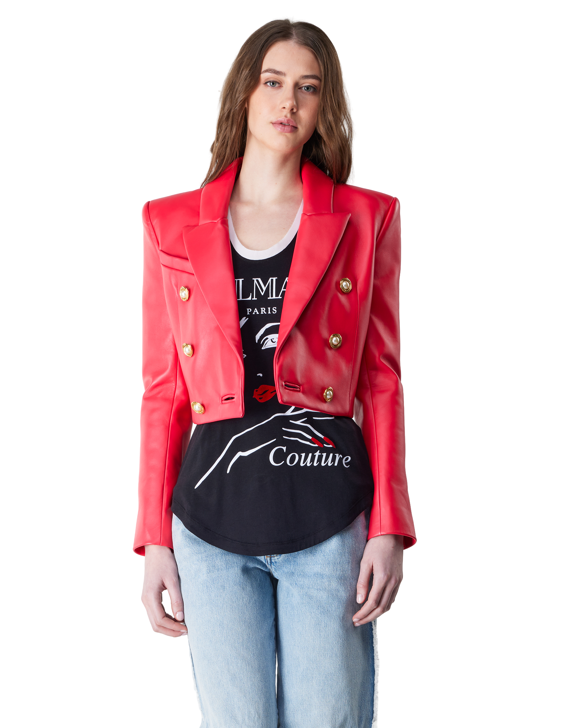 Cropped Lambskin Leather 6-Button Jacket