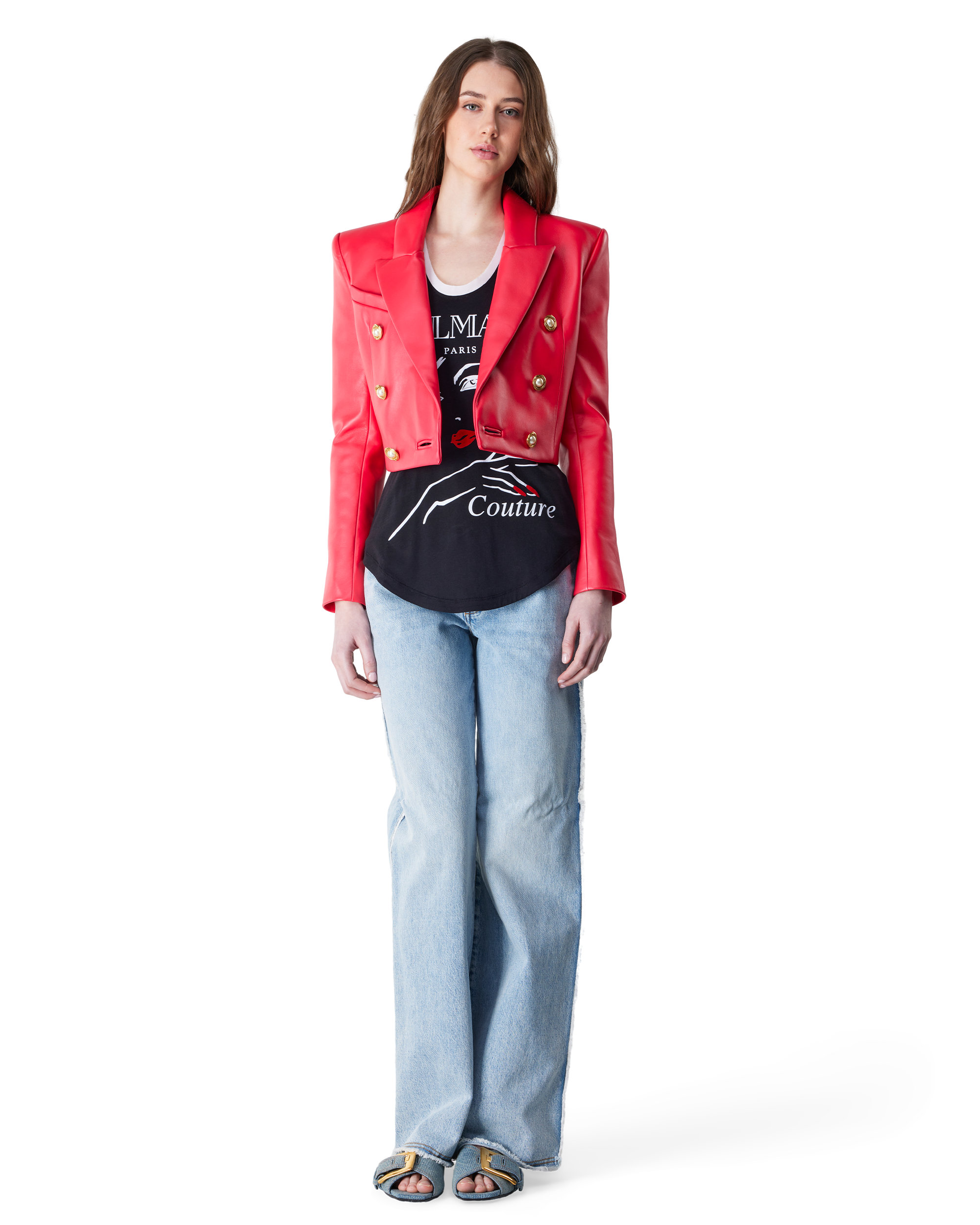 Cropped Lambskin Leather 6-Button Jacket