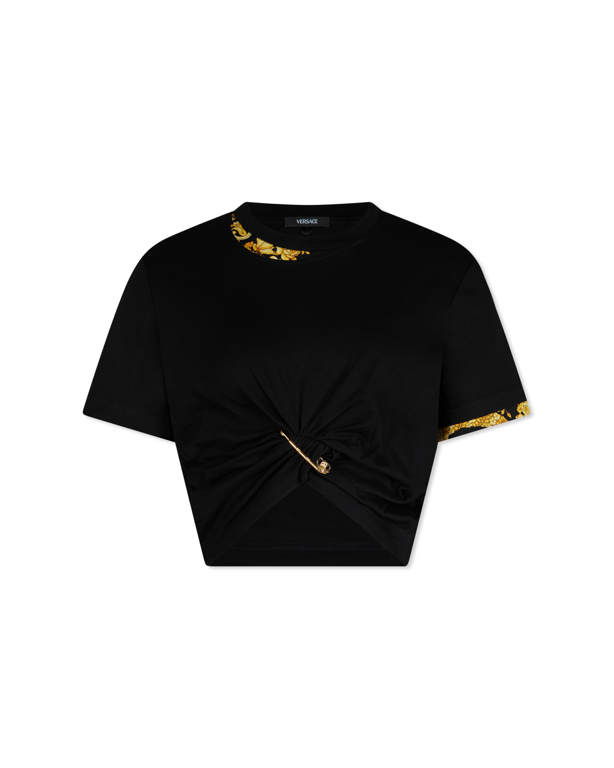 Safety Pin Draped Barocco Crop T-Shirt