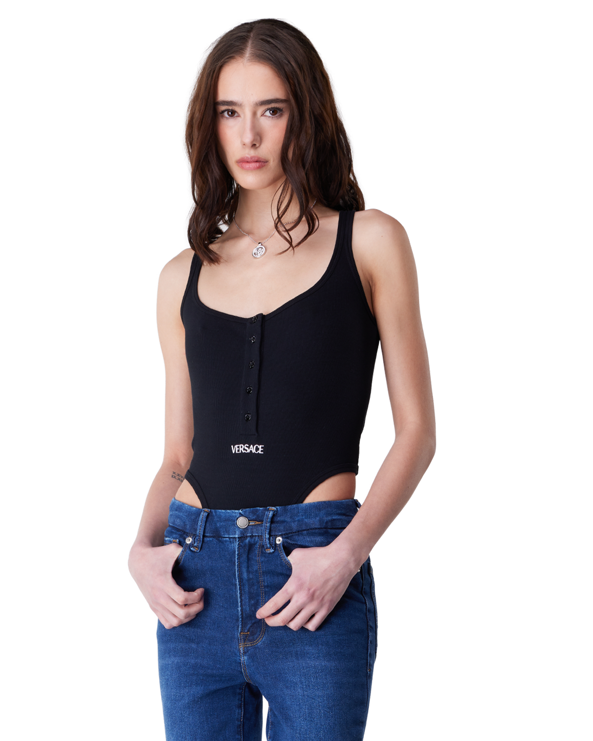 Black Polyester Logo Ribbed Bodysuit by Versace | DIHSAN