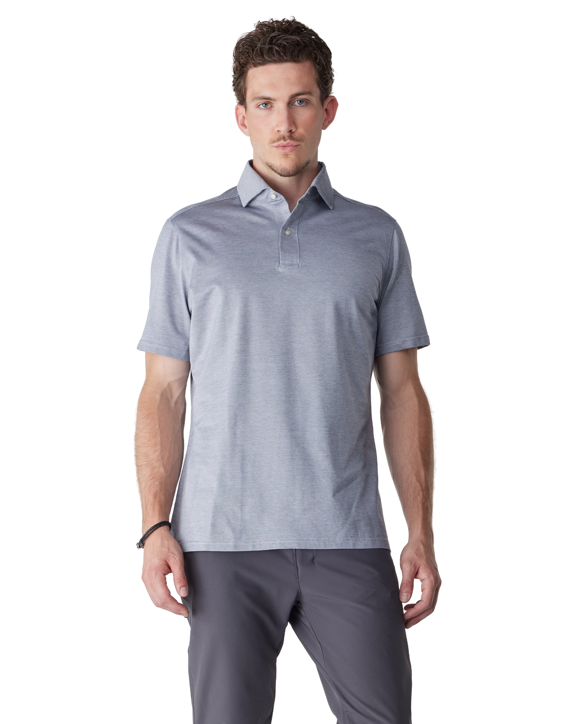 Medium Grey Cotton Textured Jacquard Luxe Knit AMF Stitch Polo by Emanuel Berg | DIHSAN