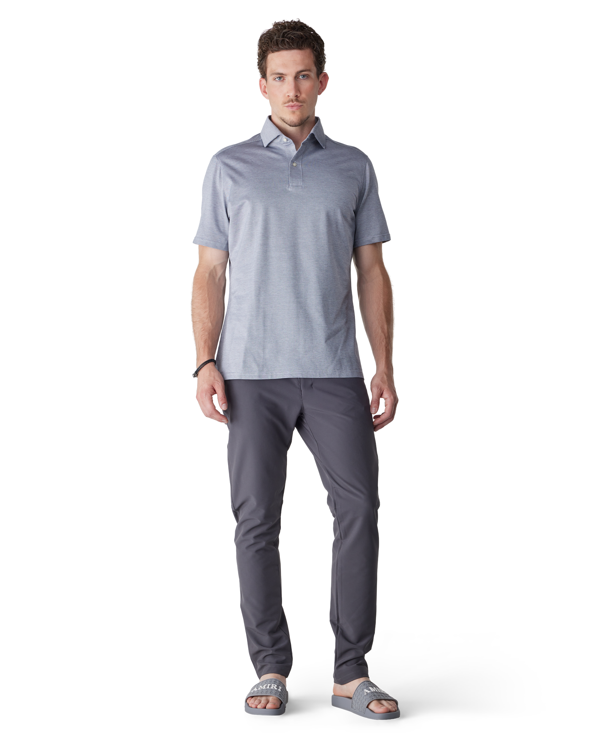 Medium Grey Cotton Textured Jacquard Luxe Knit AMF Stitch Polo by Emanuel Berg | DIHSAN
