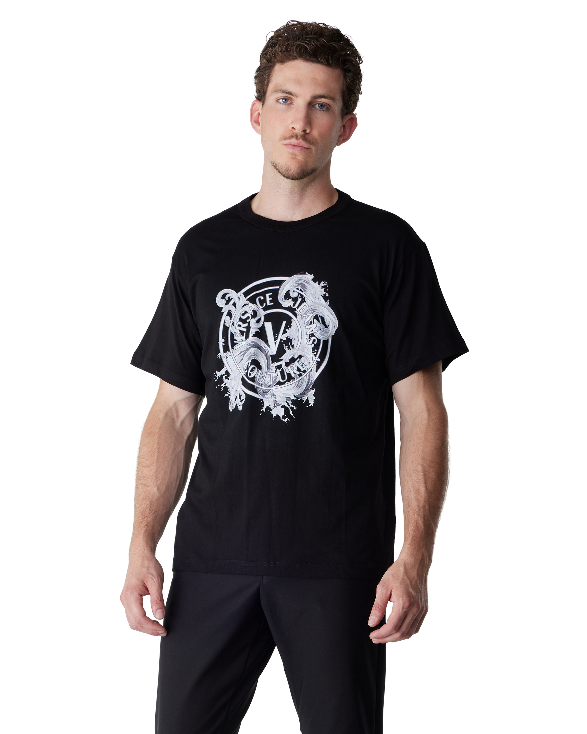 Black V-Emblem Wave Couture T-Shirt by Versace Jeans Couture | DIHSAN