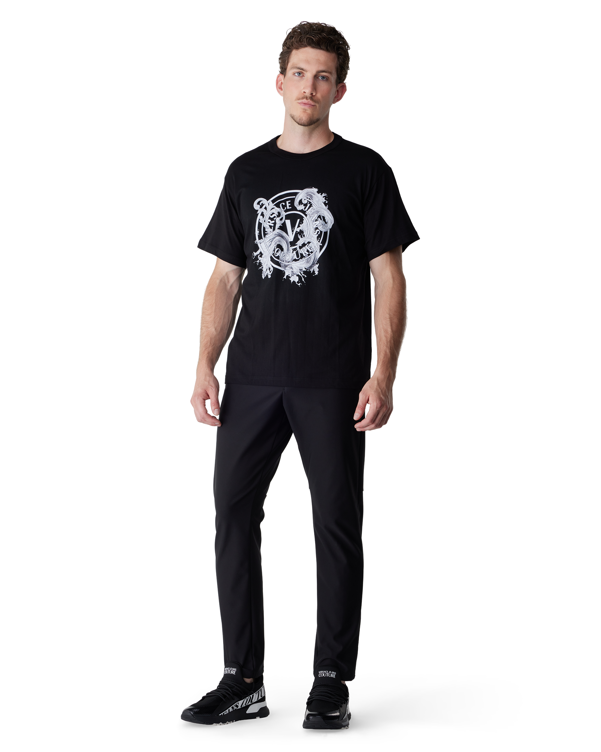 Black V-Emblem Wave Couture T-Shirt by Versace Jeans Couture | DIHSAN