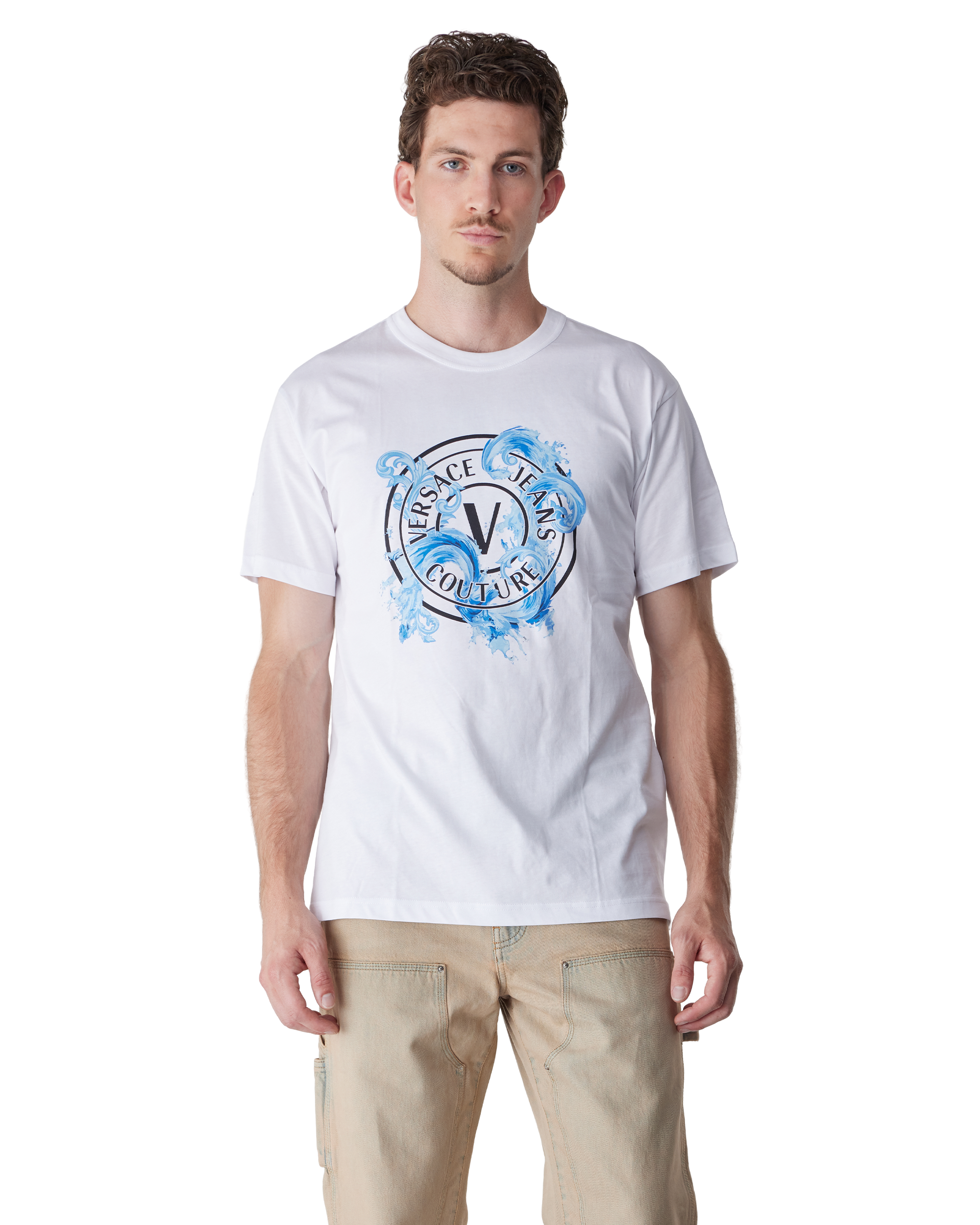 White V-Emblem Wave Couture T-Shirt by Versace Jeans Couture | DIHSAN