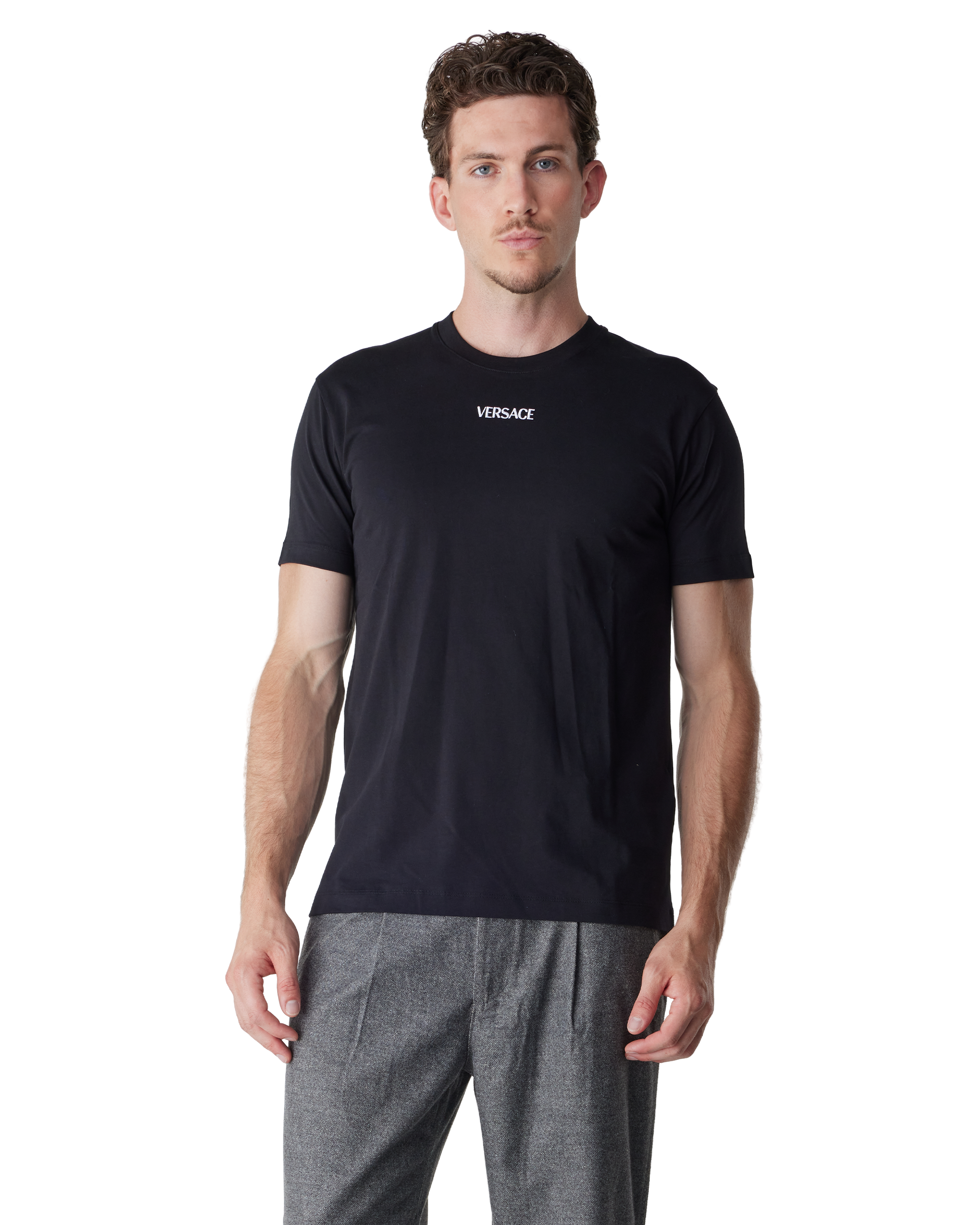 Black Logo Embroidered Cotton T-Shirt by Versace | DIHSAN