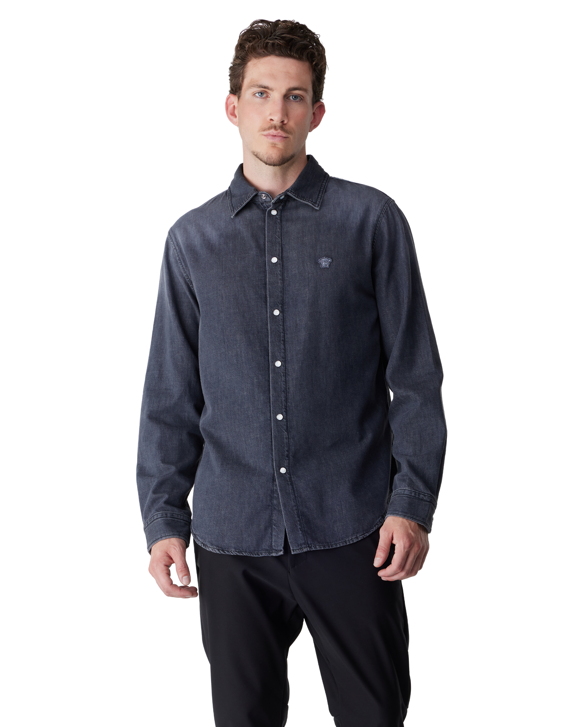 Medium Grey Cotton Medusa Patch Denim Shirt by Versace | DIHSAN