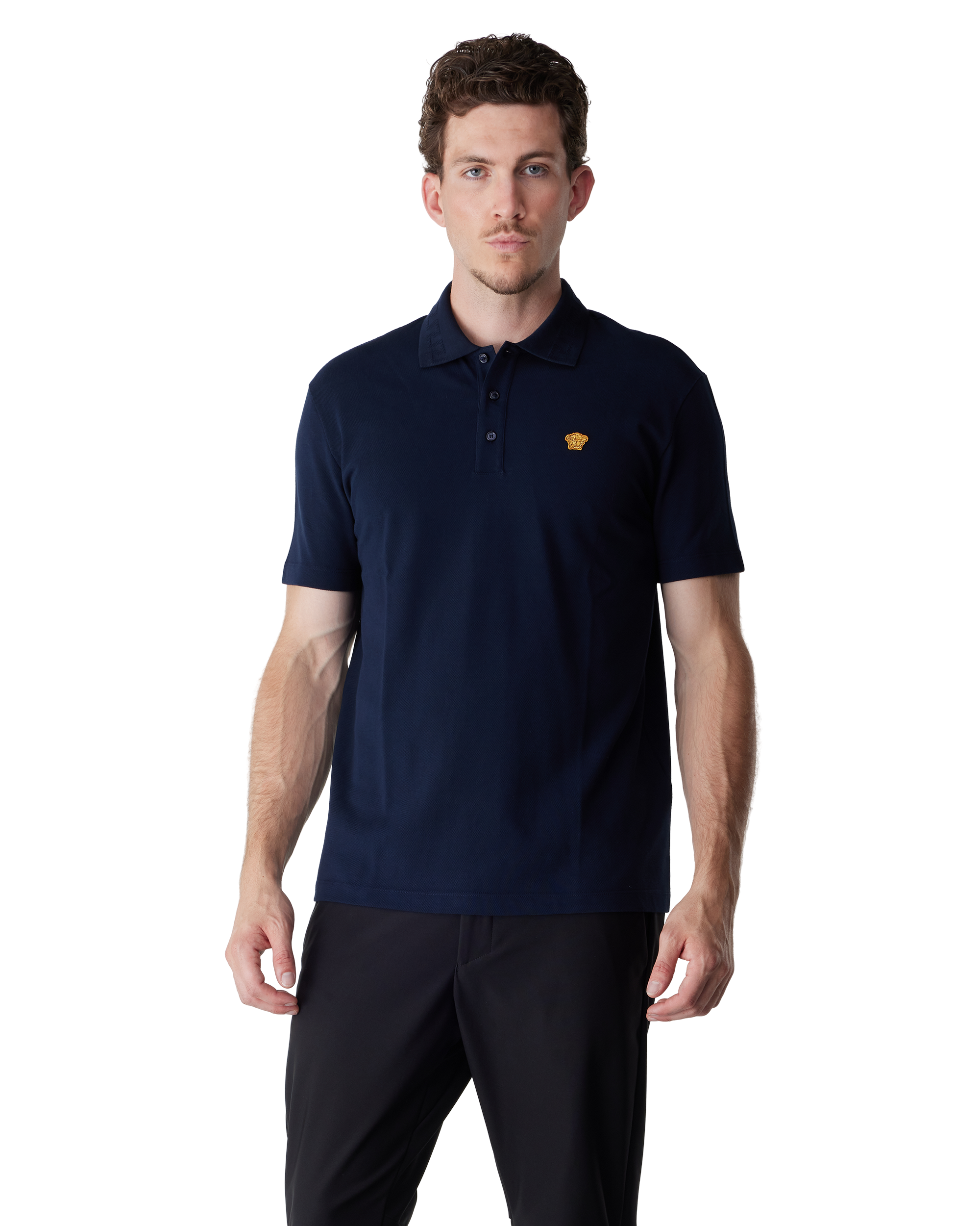 Dark Navy Blue Medusa Embroidered Cotton Piqué Polo by Versace | DIHSAN