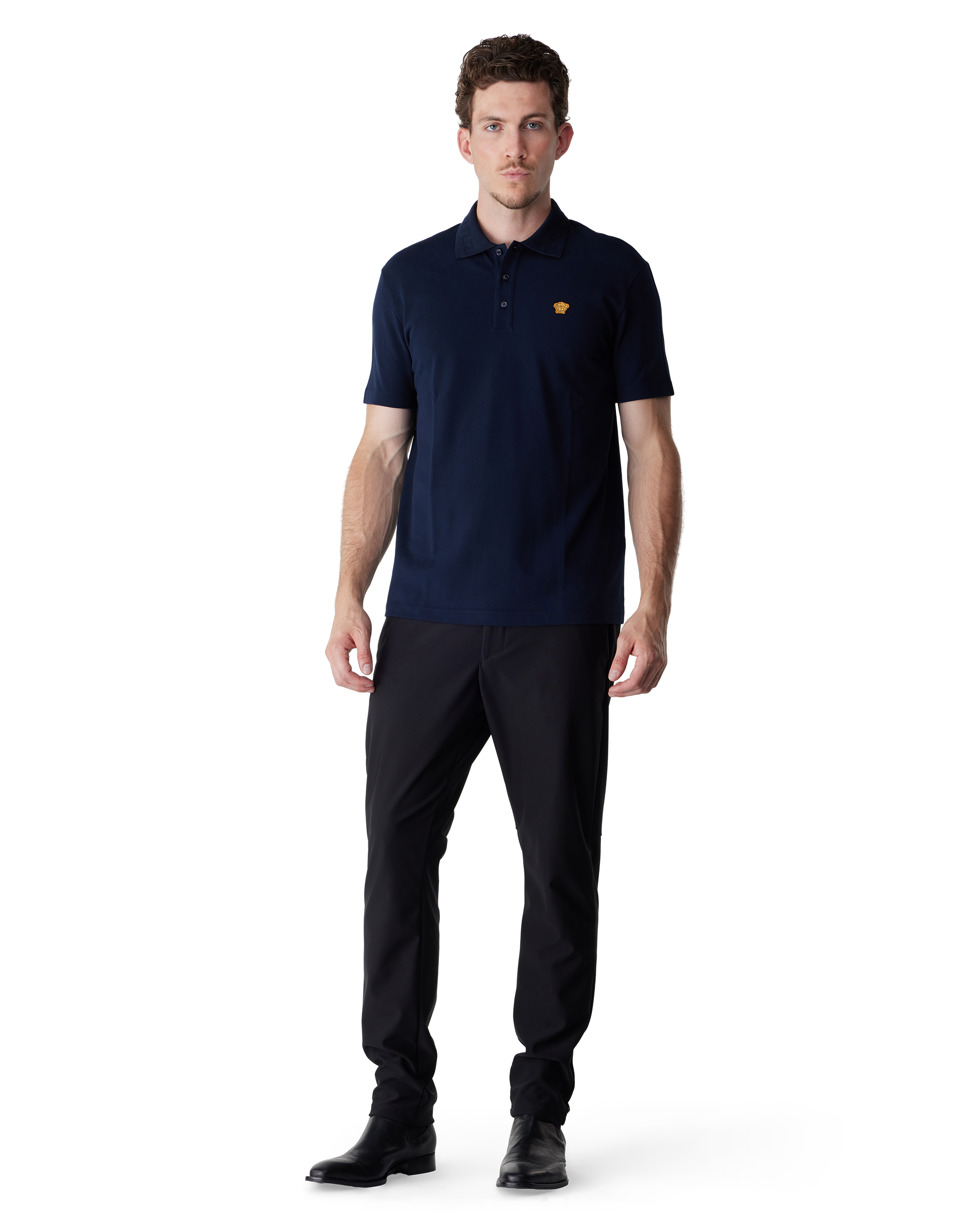 Dark Navy Blue Medusa Embroidered Cotton Piqué Polo by Versace | DIHSAN