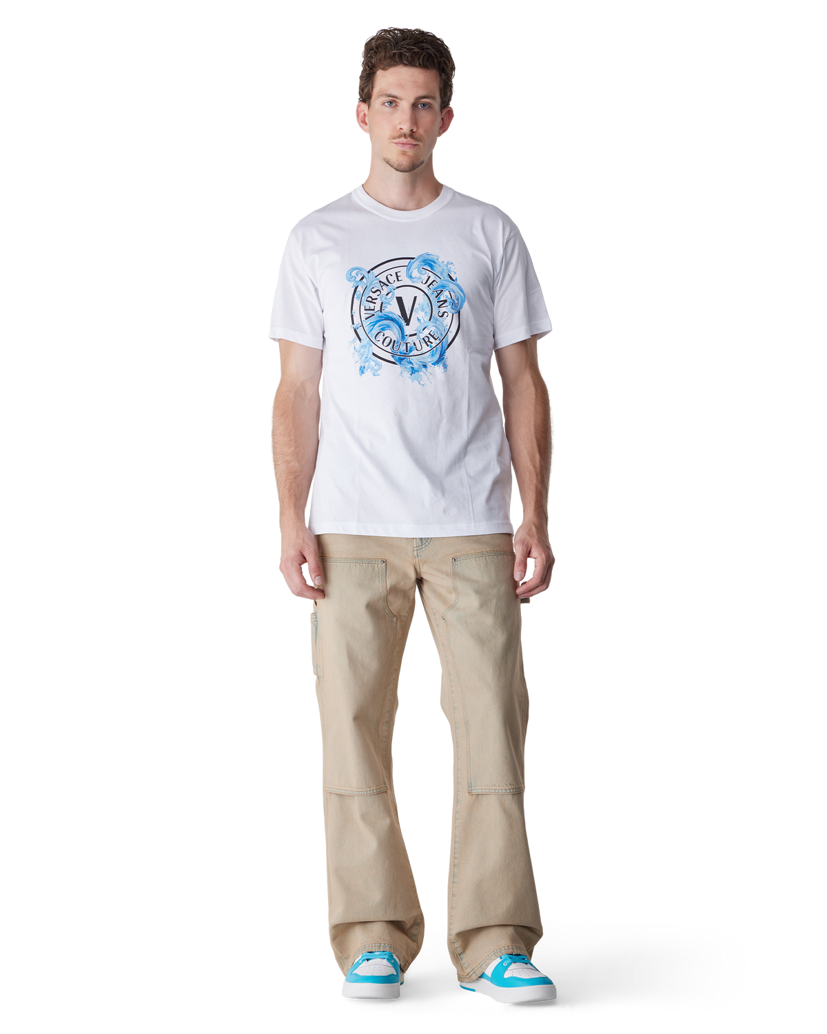White/Aqua Two-Tone Leather Logo Sneakers by Versace Jeans Couture | DIHSAN