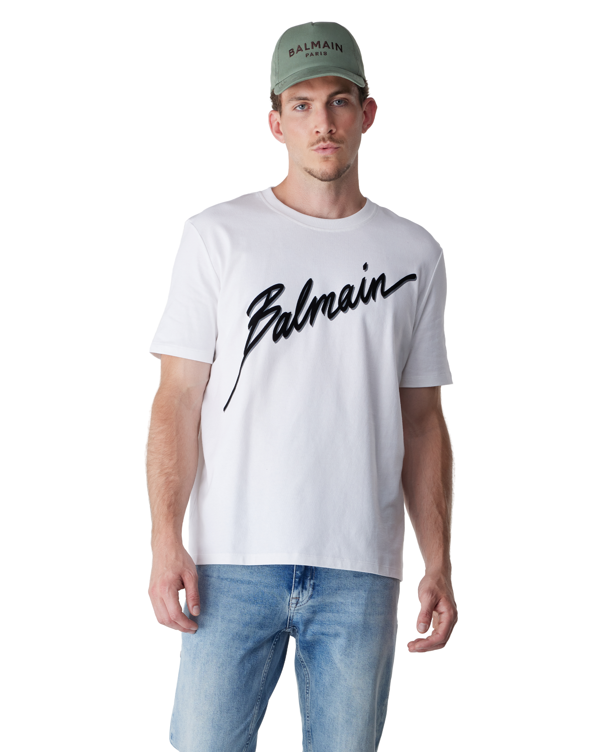 White/Black Cotton Flocked Balmain Letter Logo T-Shirt by Balmain | DIHSAN