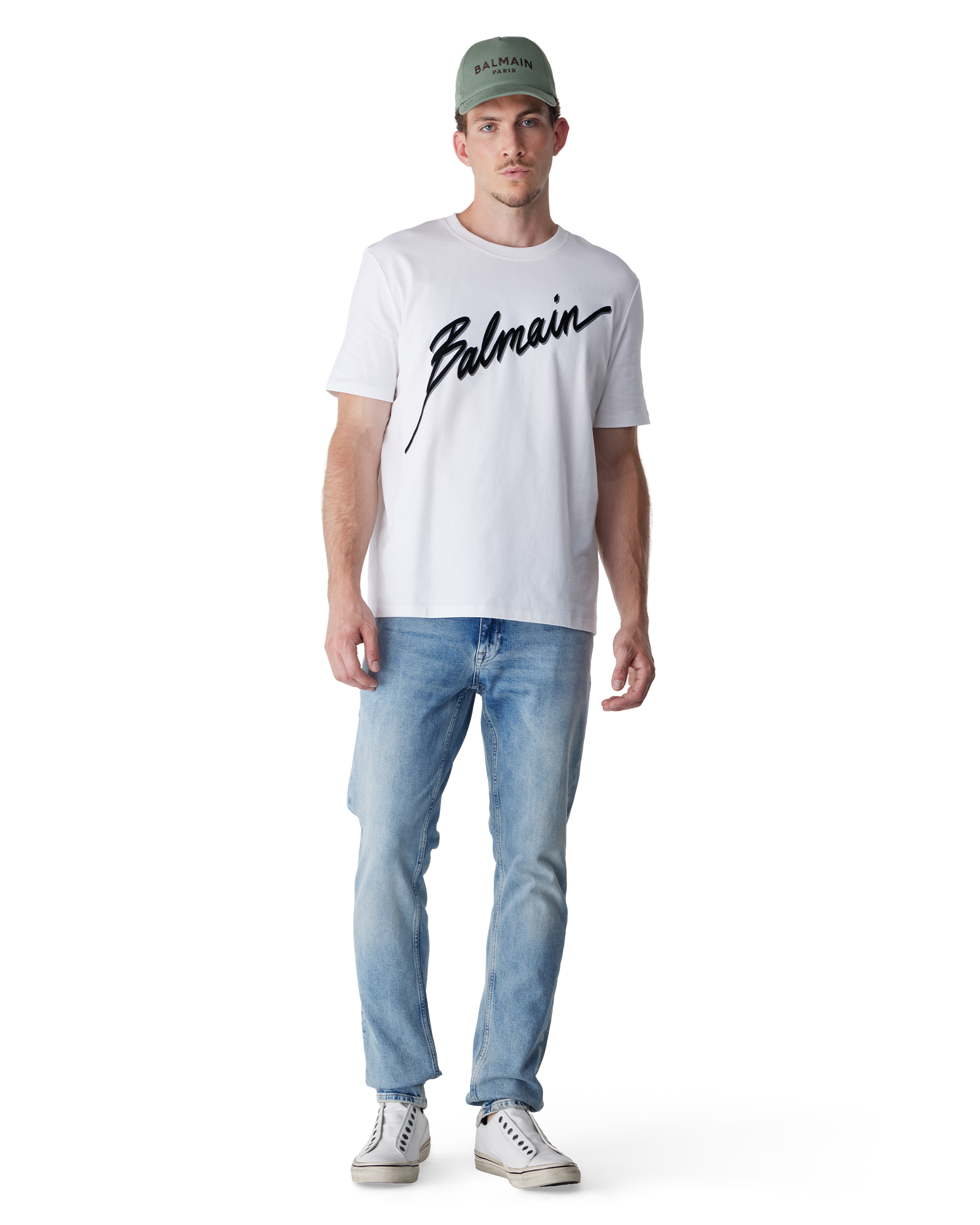 White/Black Cotton Flocked Balmain Letter Logo T-Shirt by Balmain | DIHSAN
