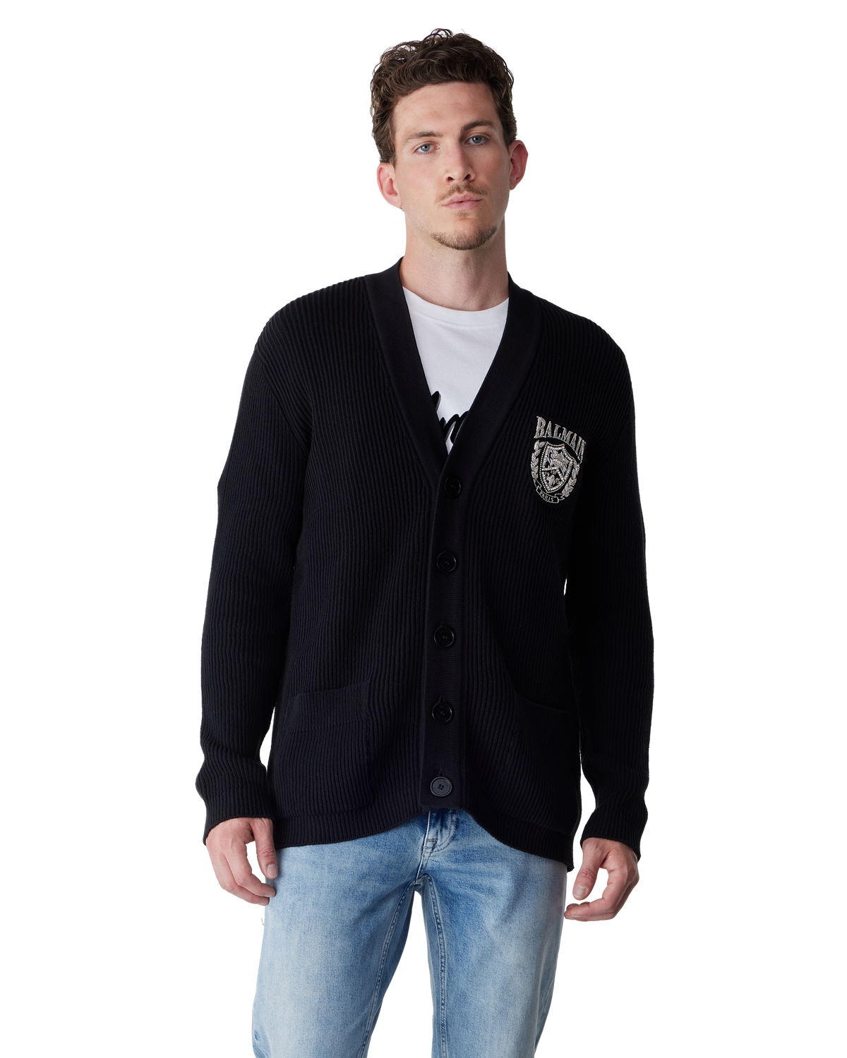 Balmain Patch Cable Knit Cardigan in Black | DIHSAN