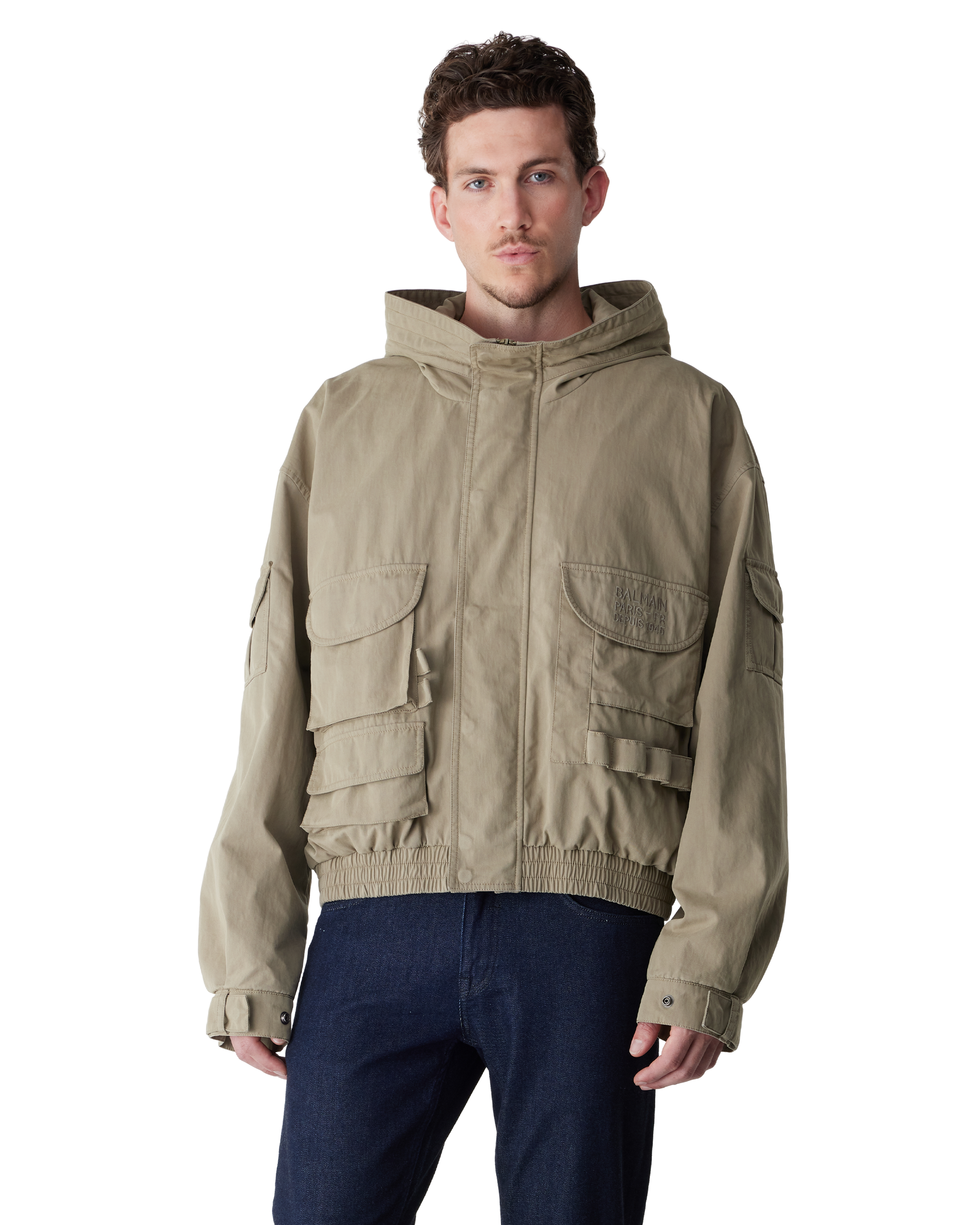 Khaki Stamp Hooded Cargo Jacket by Balmain | DIHSAN