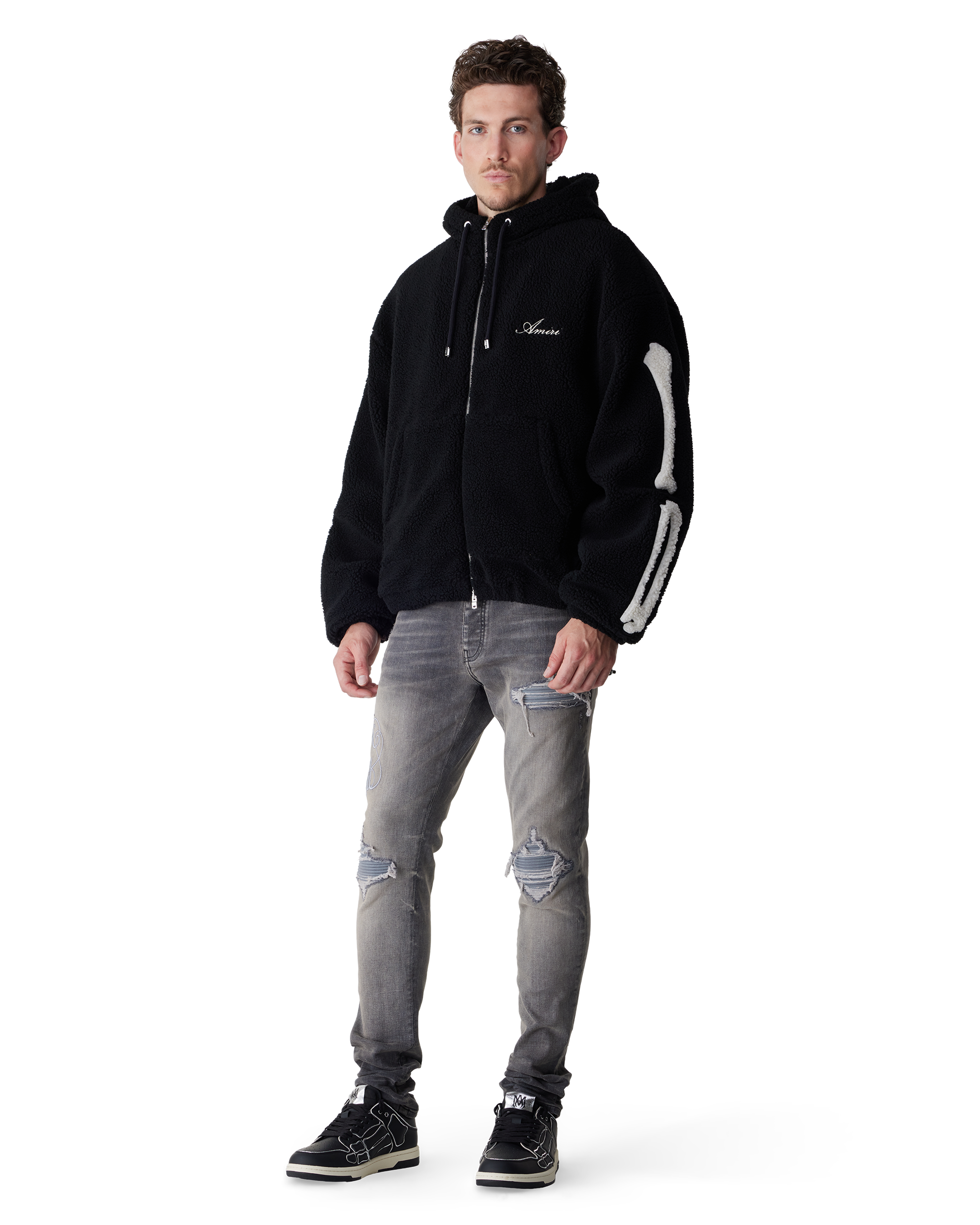Black Polyester Bones Fleece Zip Hoodie by AMIRI | DIHSAN