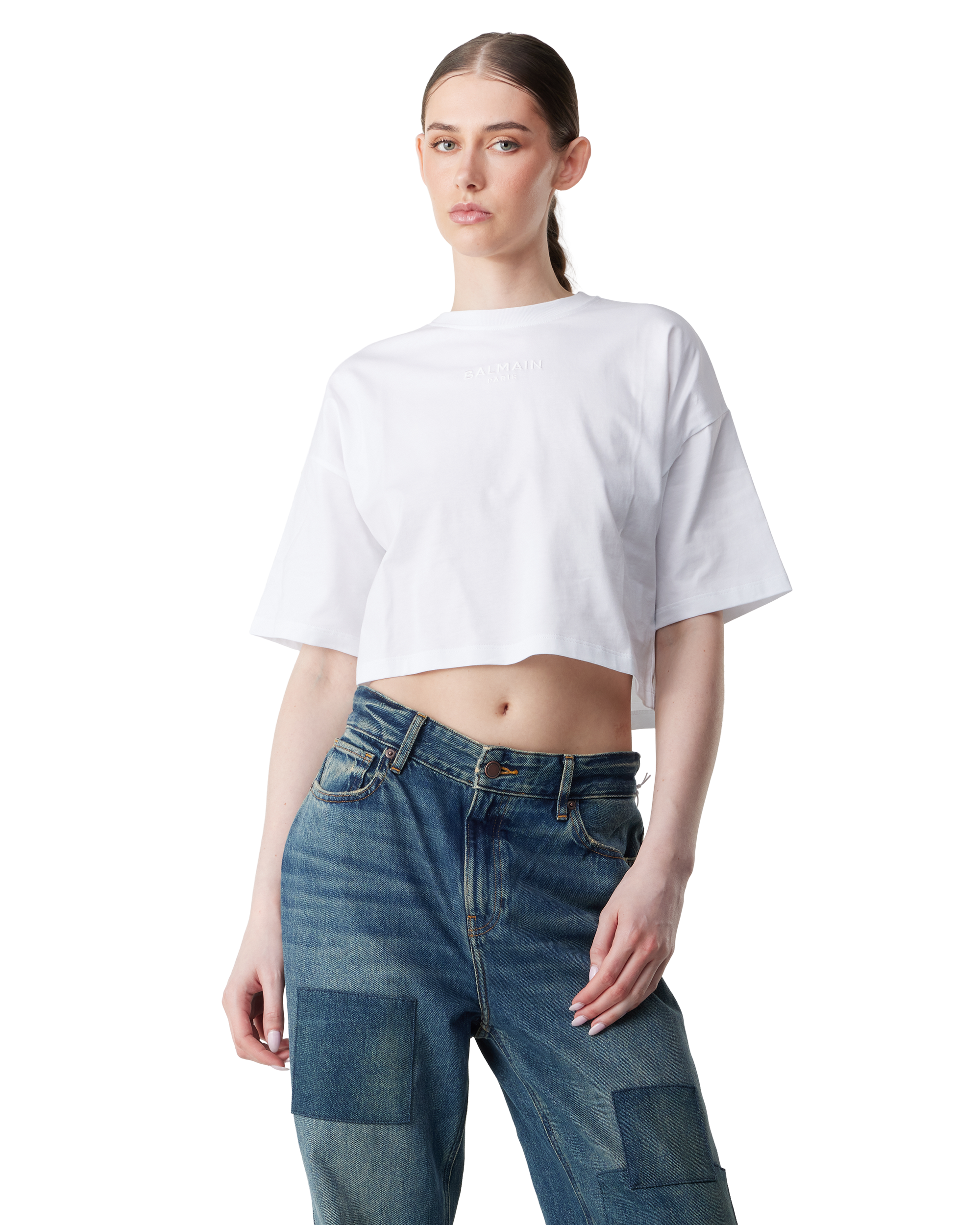 Balmain Logo Embroidered Cropped T-Shirt