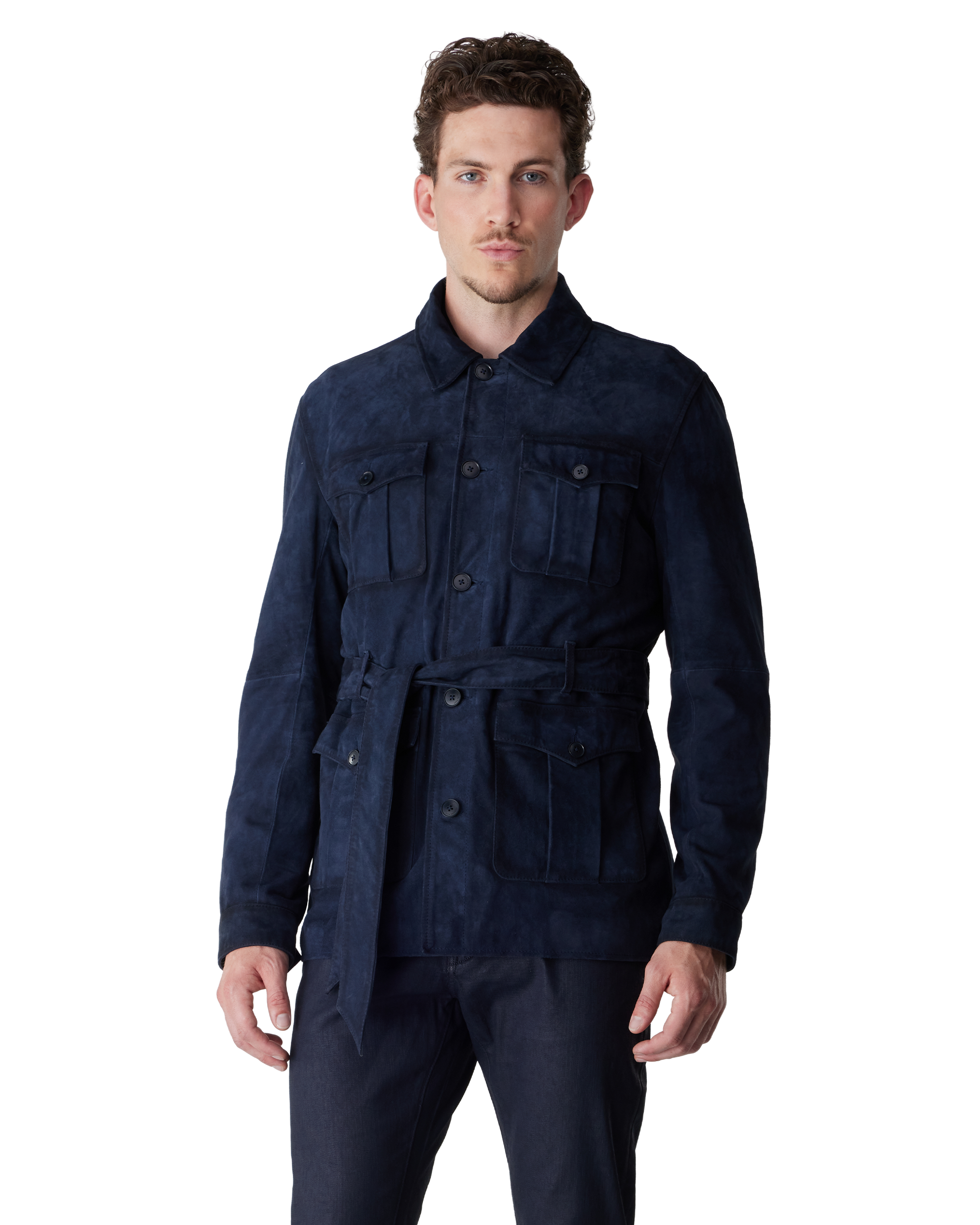 Navy Goat Suede Forest Leather Safari Jacket by John Varvatos | DIHSAN