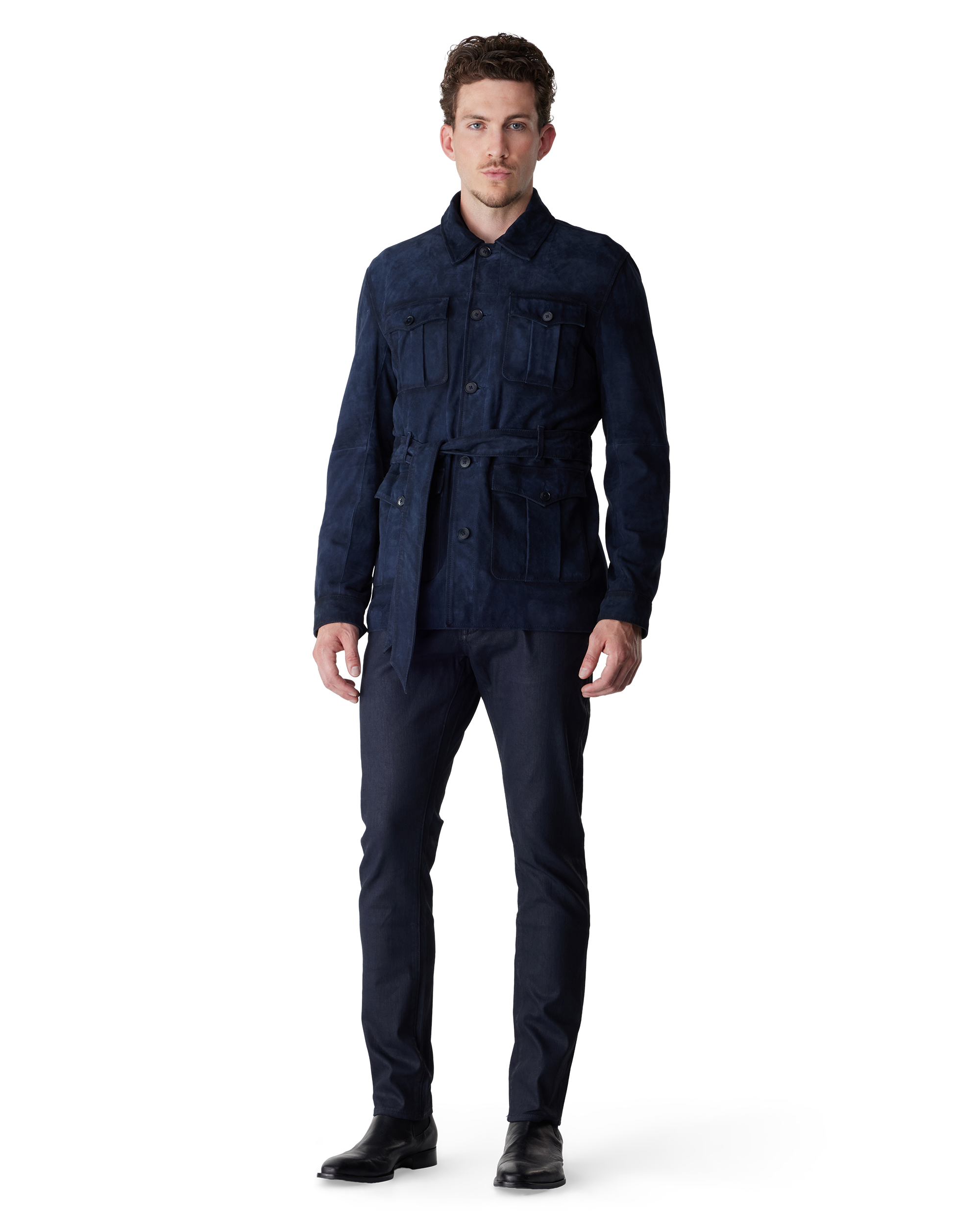 Navy Goat Suede Forest Leather Safari Jacket by John Varvatos | DIHSAN