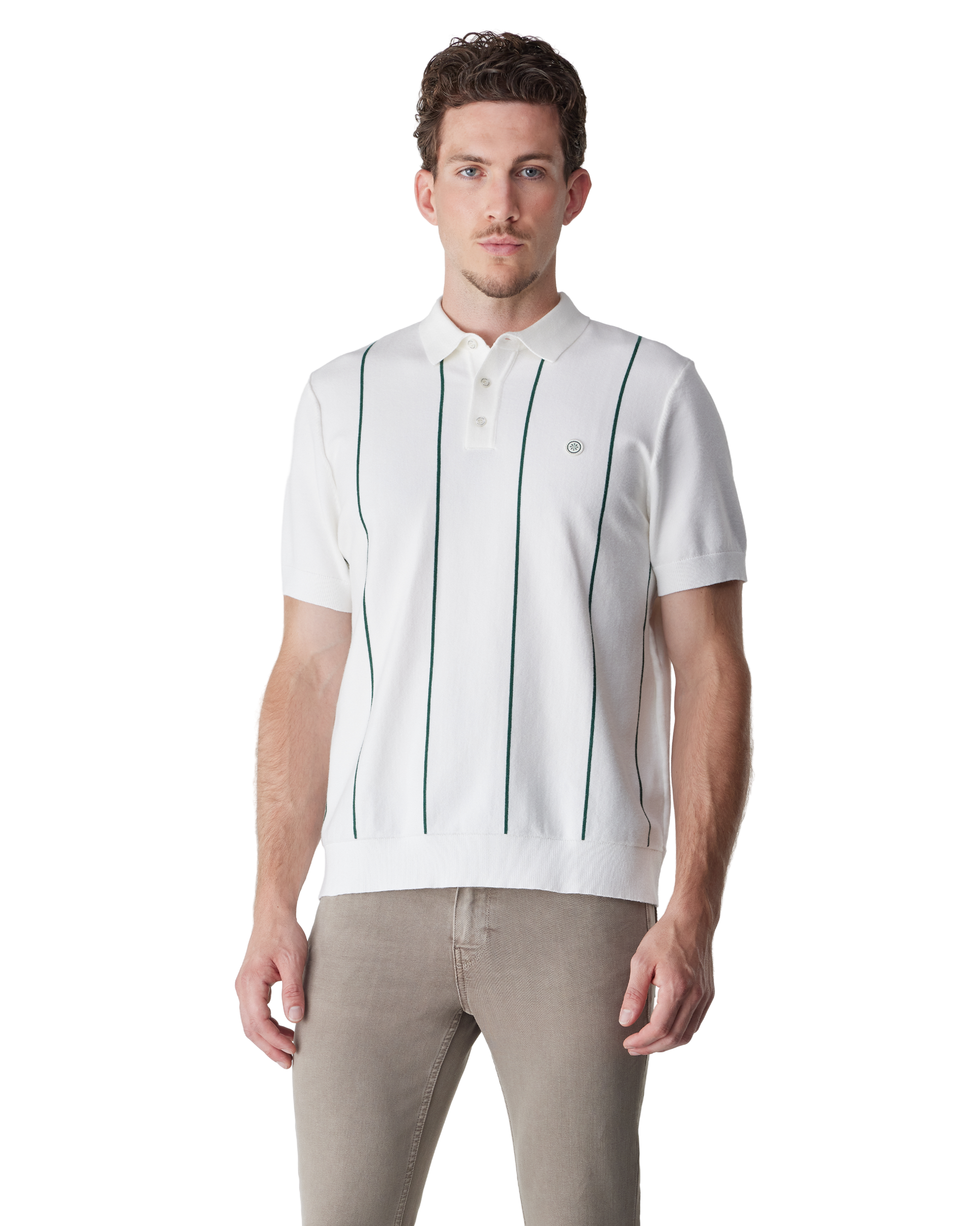 White/Green Viscose Blend Vertical Stripe Knit Polo by Champlain | DIHSAN