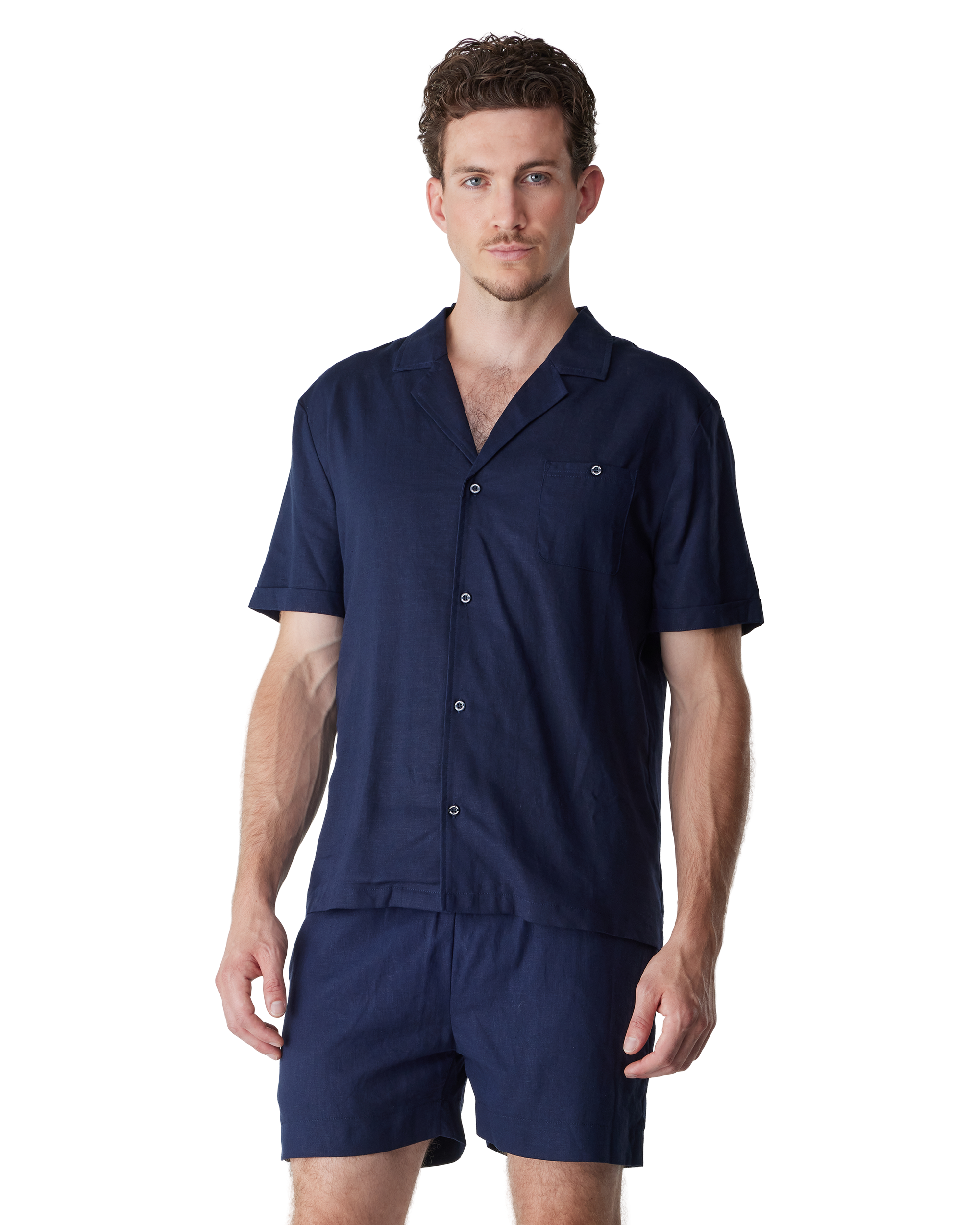 Navy Viscose Blend Linen Cuban Shirt by Champlain | DIHSAN