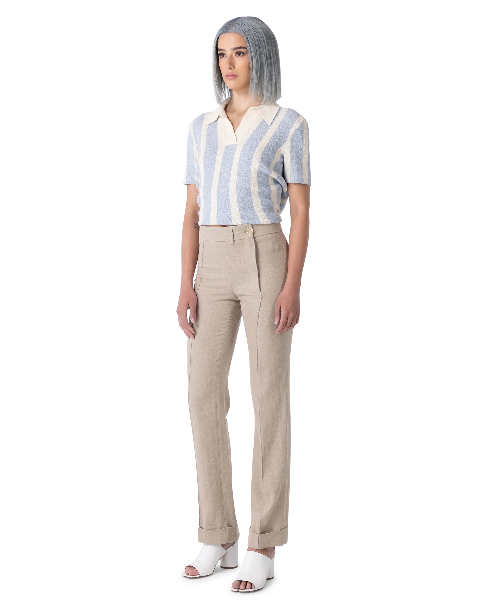 Beige Linen Fresa Straight Leg Cuff Hem Pants by Jacquemus | DIHSAN