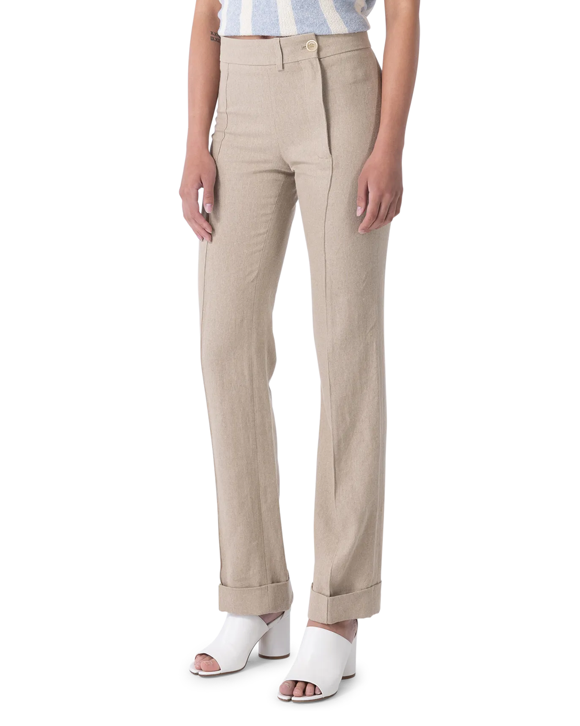 Beige Linen Fresa Straight Leg Cuff Hem Pants by Jacquemus | DIHSAN